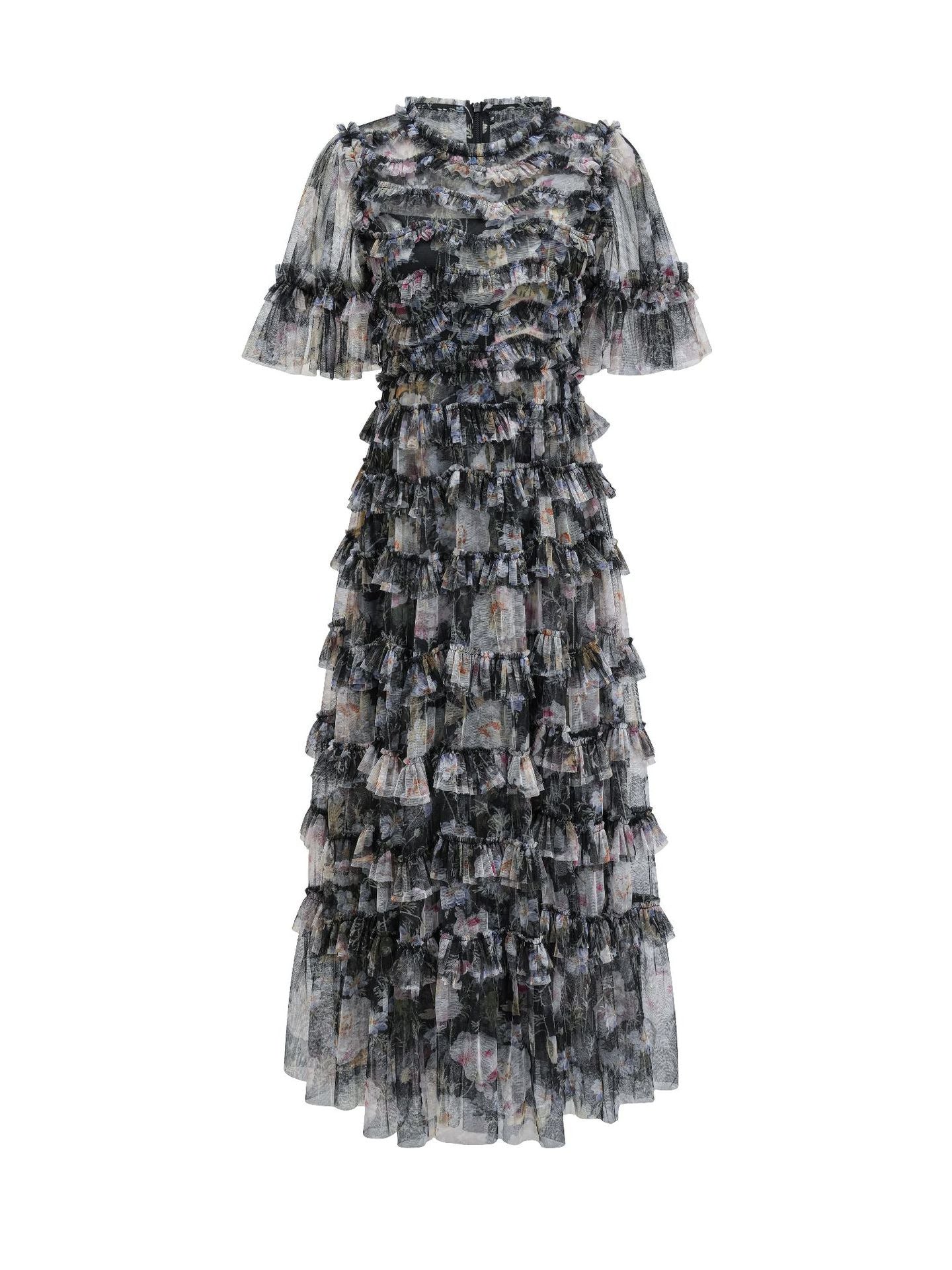 Robe Trapèze Col Rond à Volants Manches Courtes Robe de Soirée en Noir