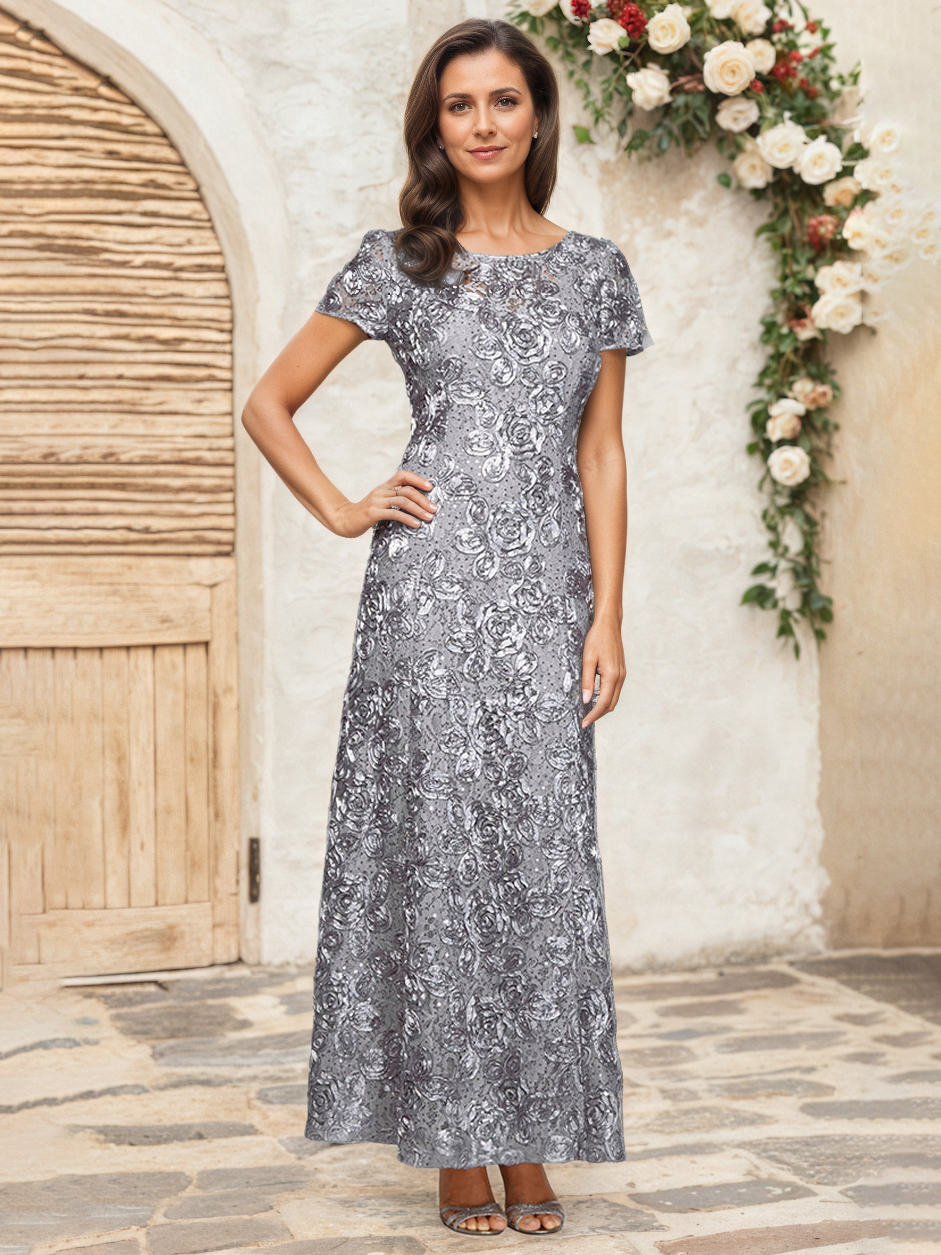 Robe Cérémonie Mariage Mère Du Marié ARGENT Paillettes Florales Fourreau/Colonne Robe Mère de la Mariée
