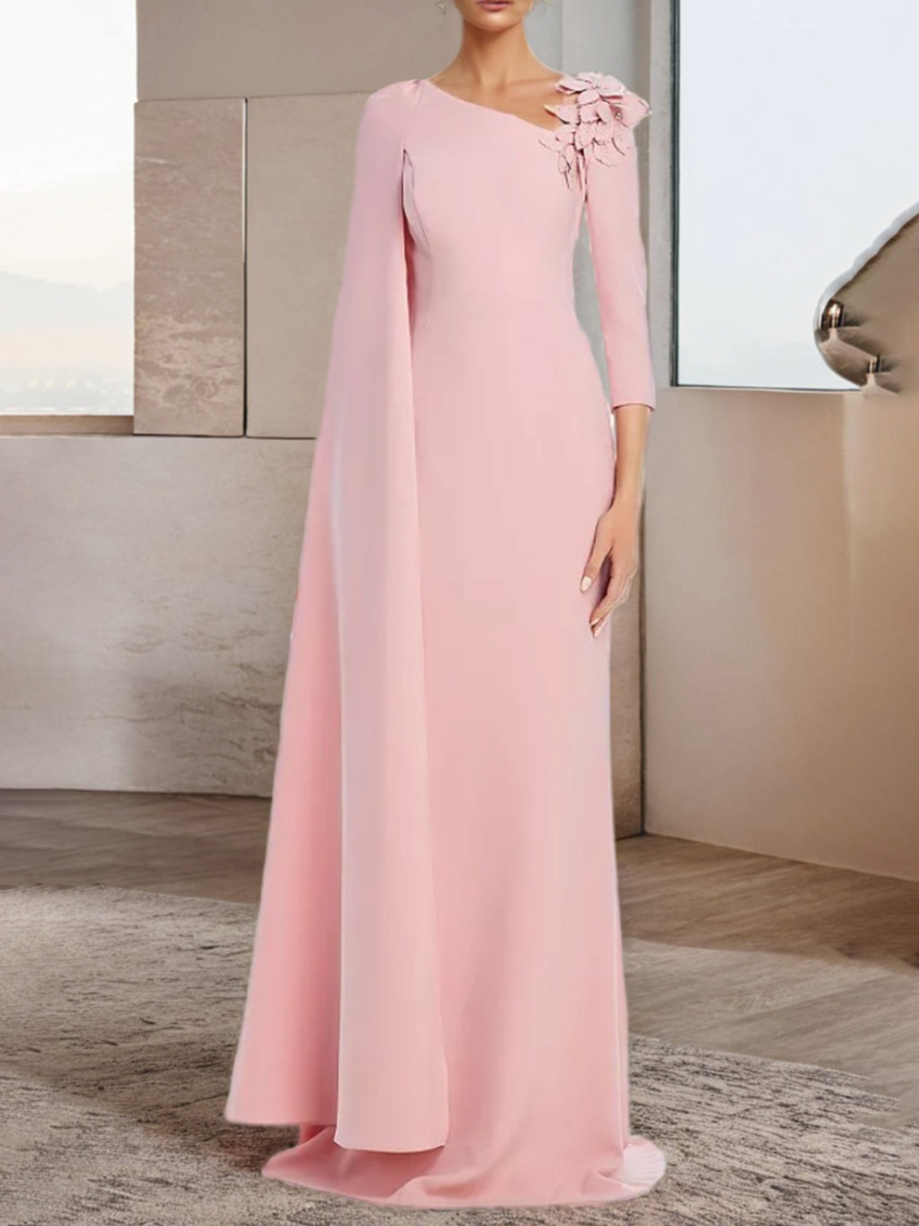 Robe de Soirée Rose Fourreau/Colonne Mousseline Manches 3/4