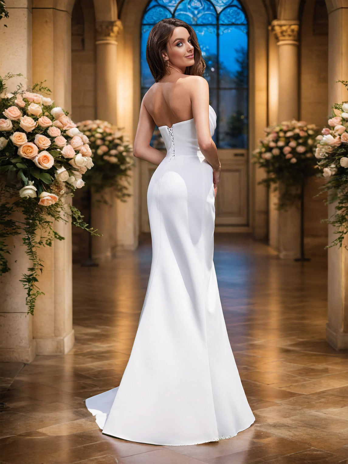Robe sans Bretelles Sans Manche Satin Extensible Robe de Mariage avec la Traîne de Balayage/Pinceau