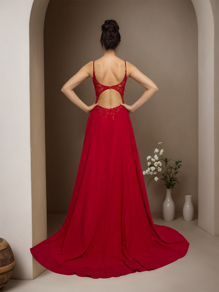 Cicinia Rouge Robe de Soirée Longue en Mousseline Appliqués Dentelle A-Line Traîne Balayée
