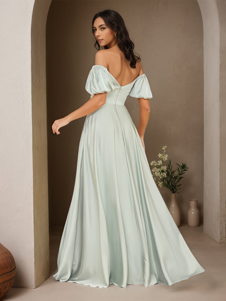 Cicinia Céladon Robe de Soirée Longue en Satin et Mousseline A-Line Longueur Sol Épaules Dénudées Manches Bouffantes