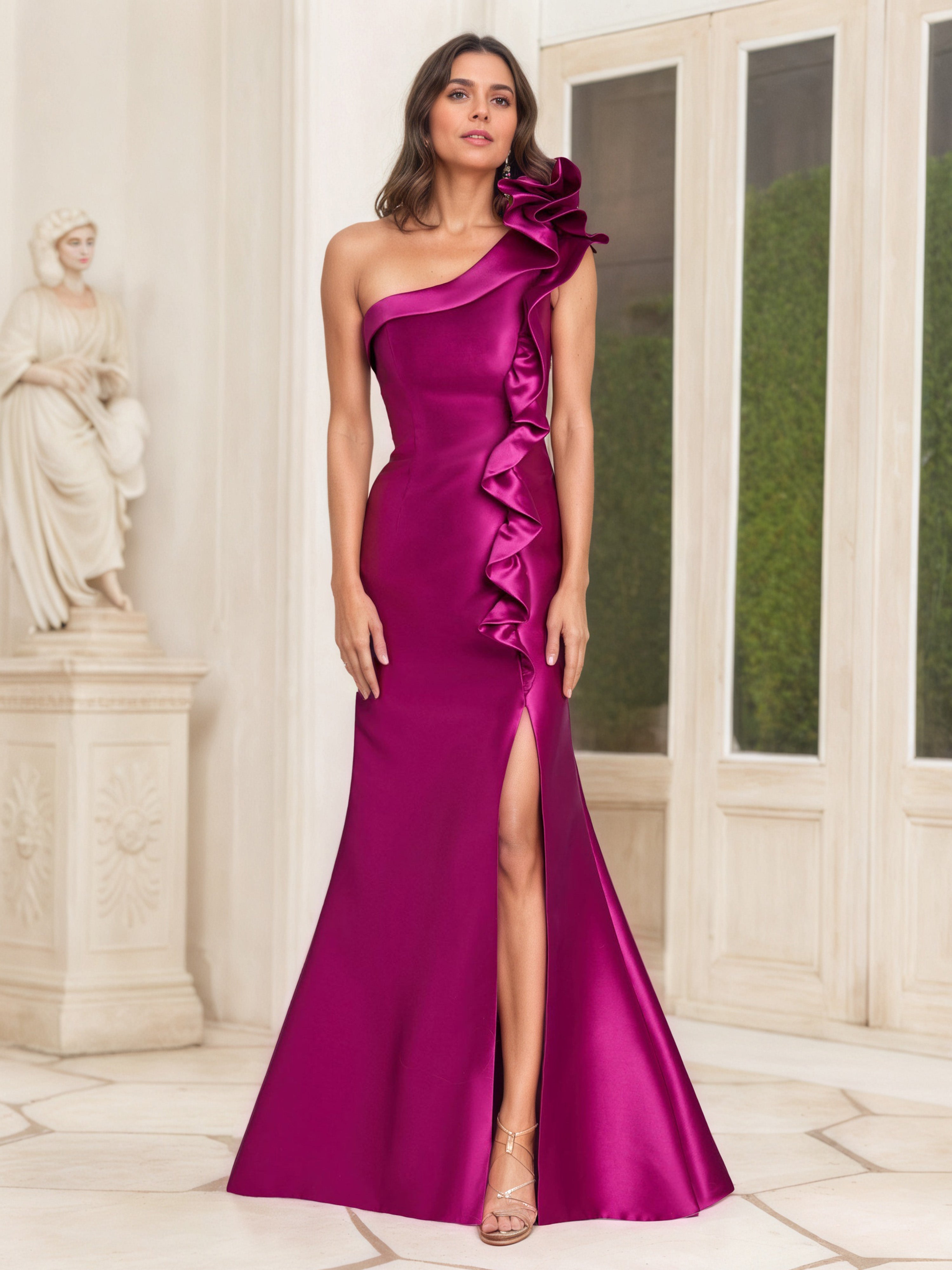 Robe Mère de la Mariée Fuchsia à Une Épaule avec Volants et Fente Latérale