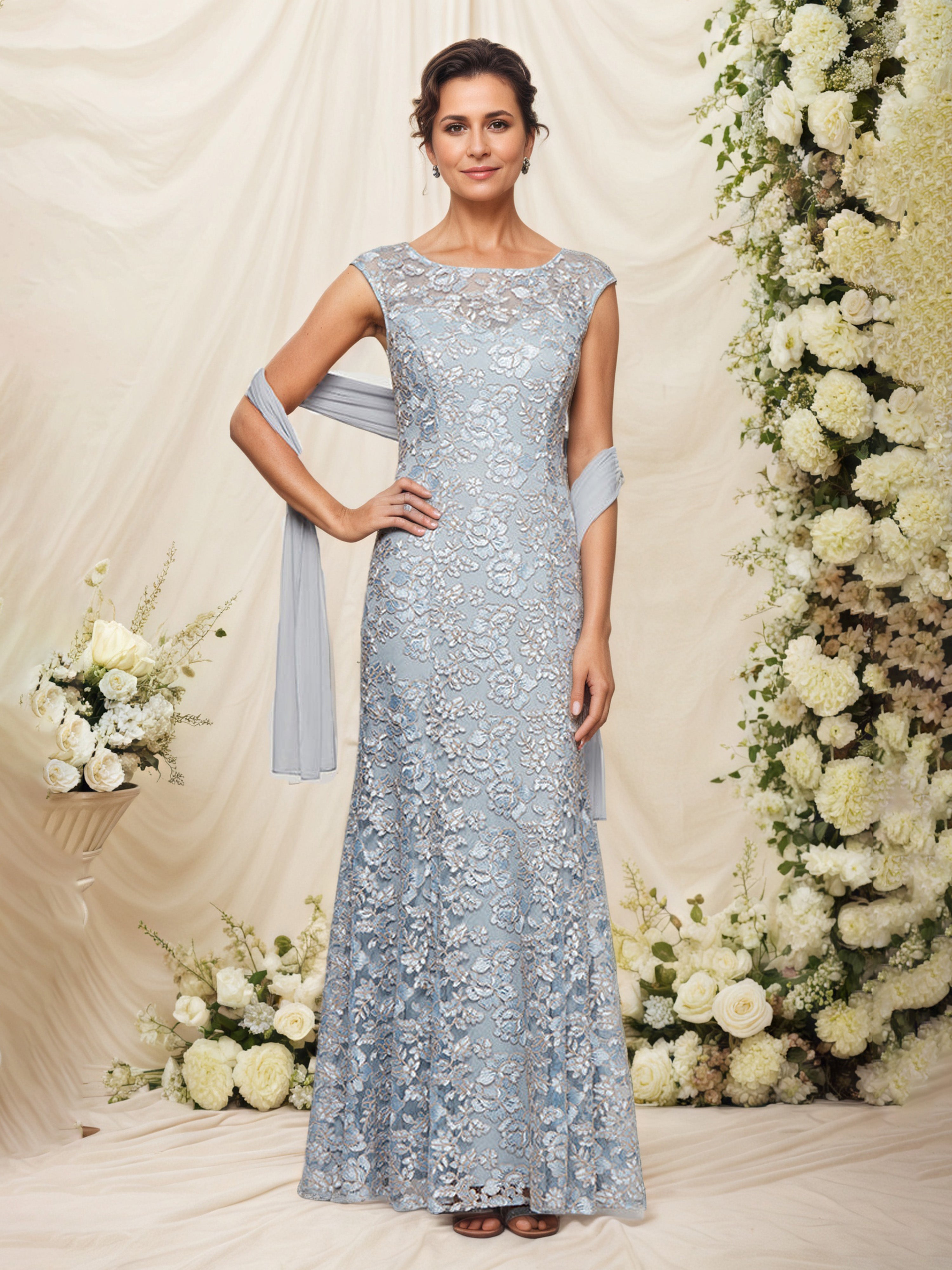 Robe Mère de la Mariée BLEU Fourreau/Colonne Col ras du cou Manchette Brodée avec Châle