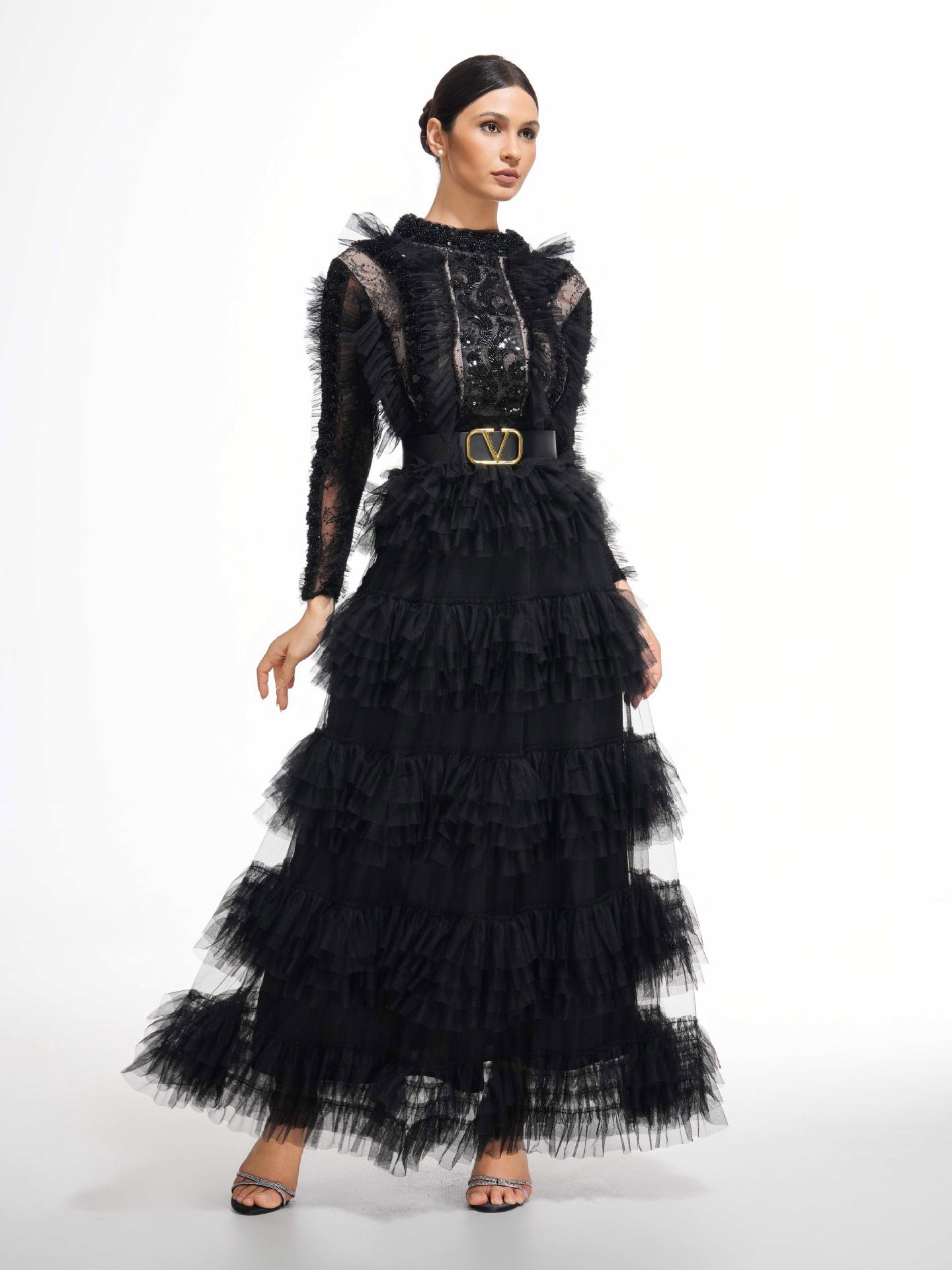 Robe Longue Trapèze Col Montant Manches Longues Robe de Soirée en Noir