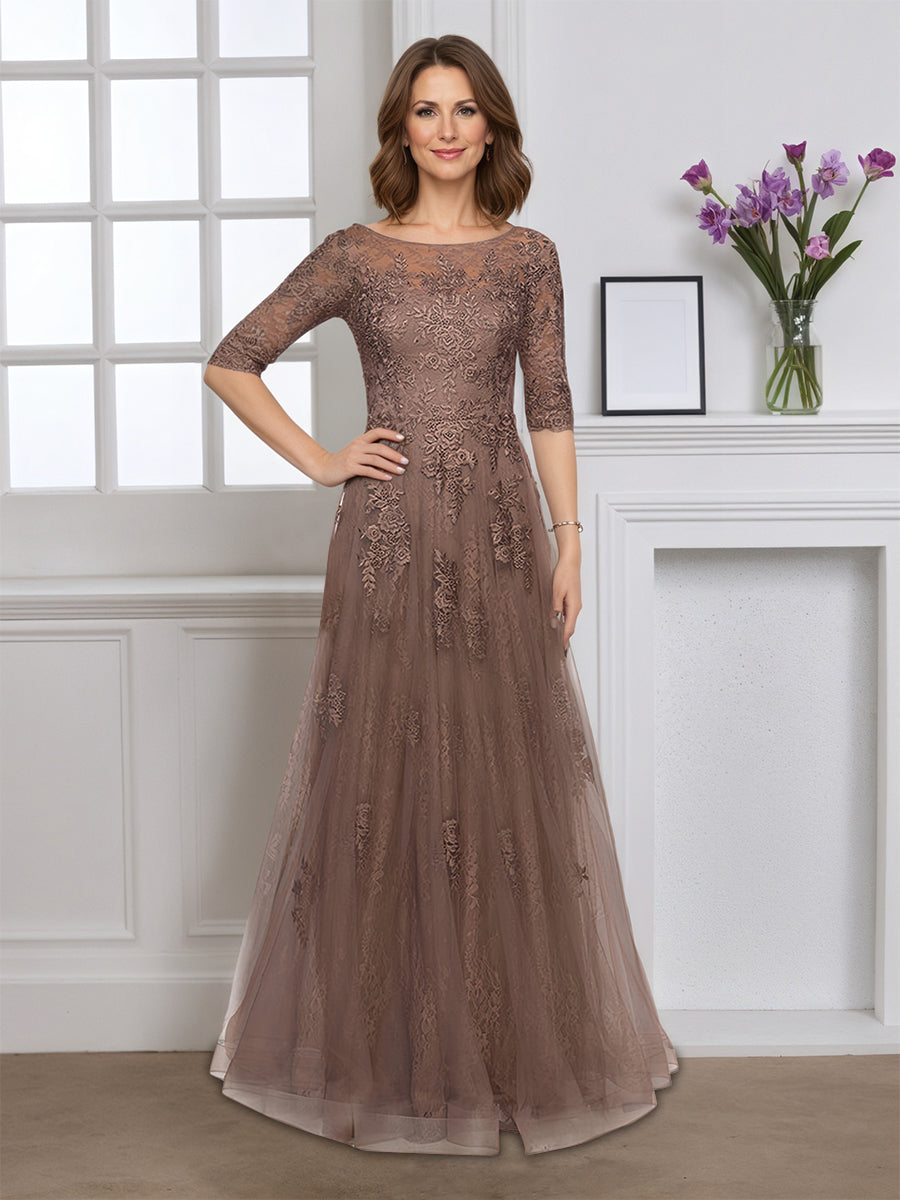 Cicinia Robe pour Mère de la Mariée BRUN Longue en Tulle Appliqués Dentelle Manches Demi-longues Longueur Sol