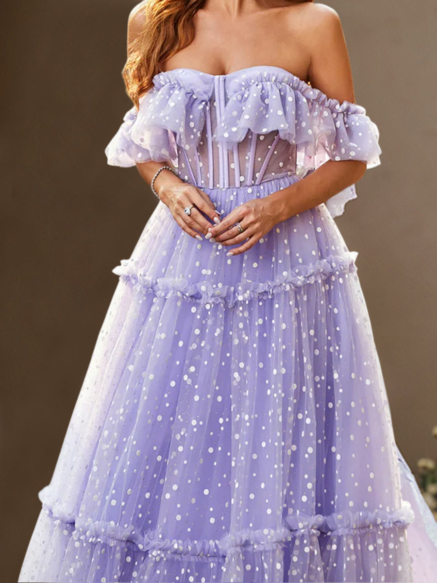Cicinia Lilas Robe de Soirée Longue en Tulle à Pois A-Line Épaules Dénudées à Volants Longueur Sol