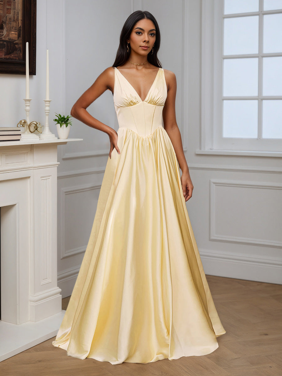 Cicinia Robe de Soirée Champagne Longue en Satin Doux A-Line Décolleté en V