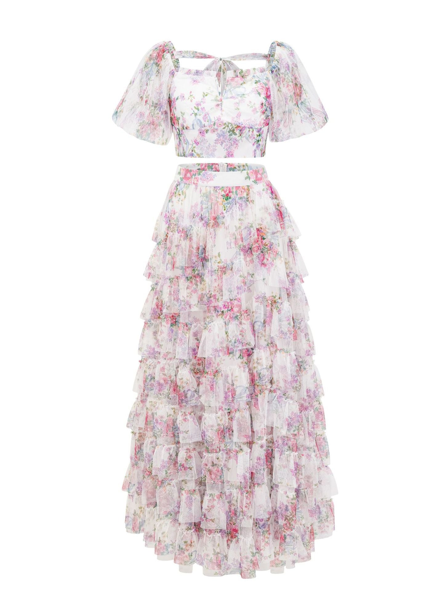 Robe Longue Deux Pièces Trapèze Col Carré Manches Courtes Robe de Soirée en Abricot