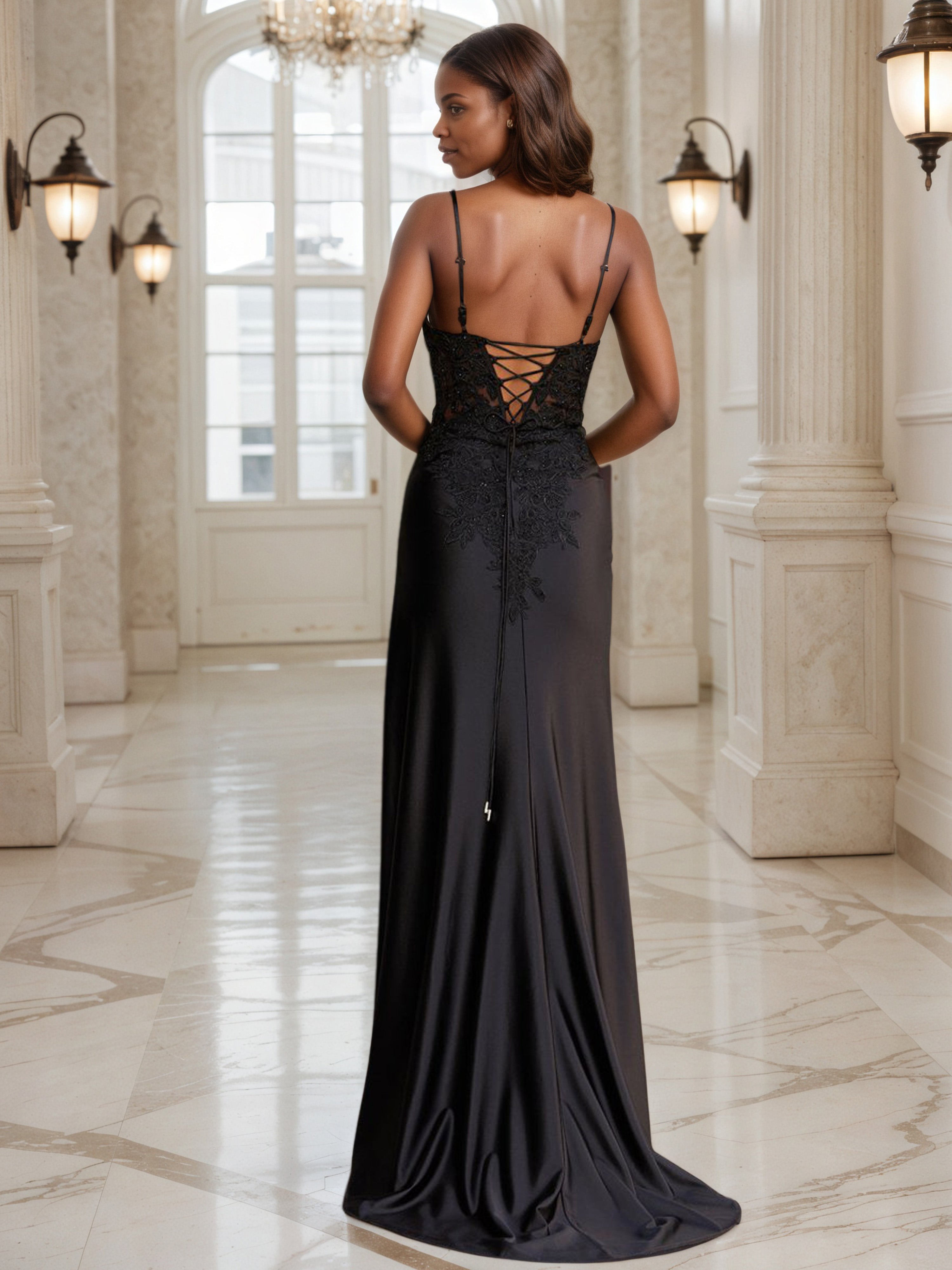 Robe de Soirée Noir Col V Bretelles Spaghetti en Dentelle Fourreau Fendue Robe de Bal