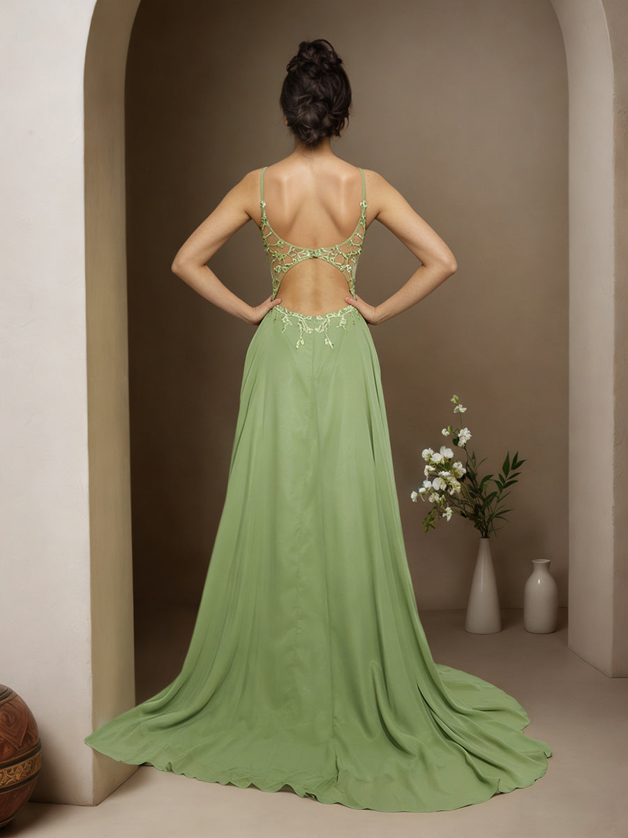 Cicinia SAUGE POUDREE Robe de Soirée Longue en Mousseline Appliqués Dentelle A-Line Traîne Balayée