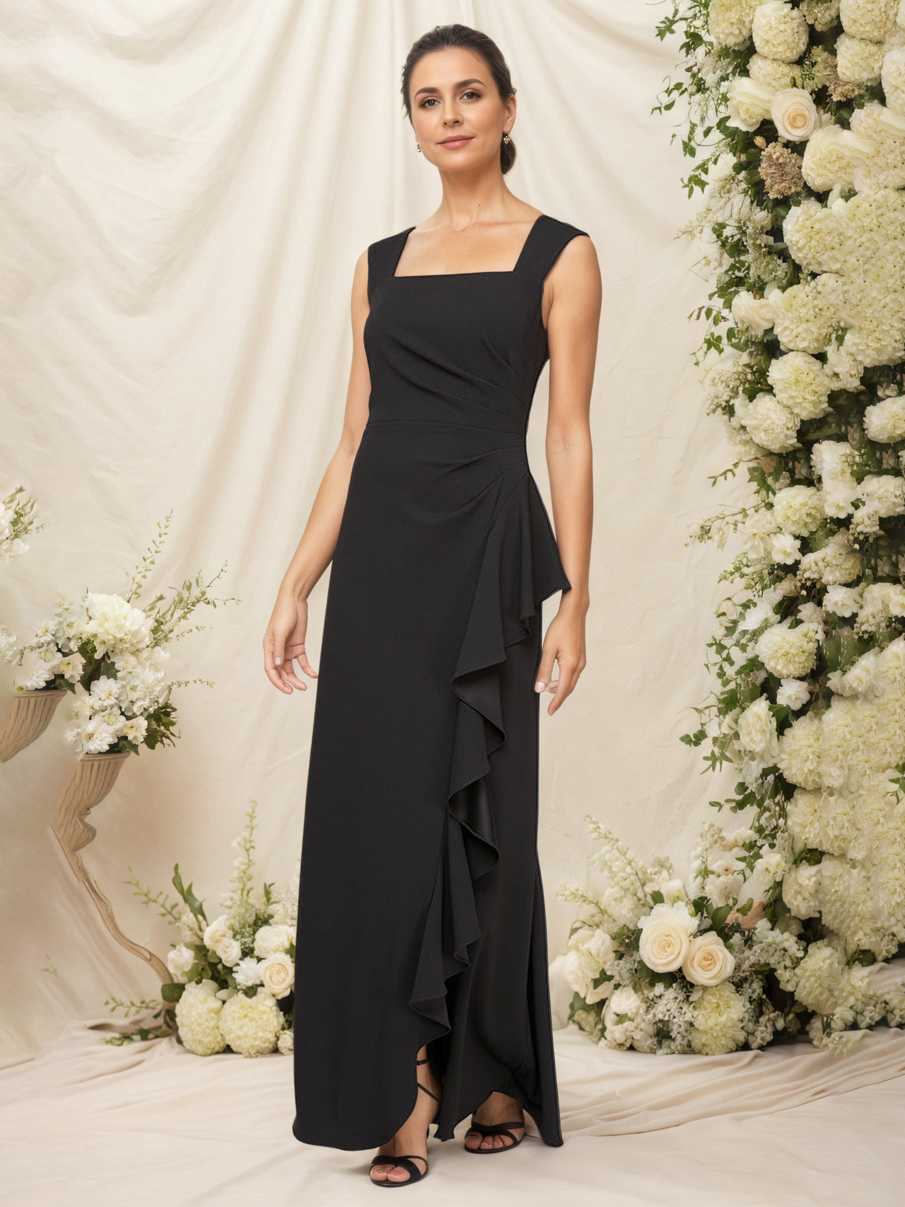 Robe Mère de la Mariée Noir Col Carré Robe Trapèze avec Volant en Cascade