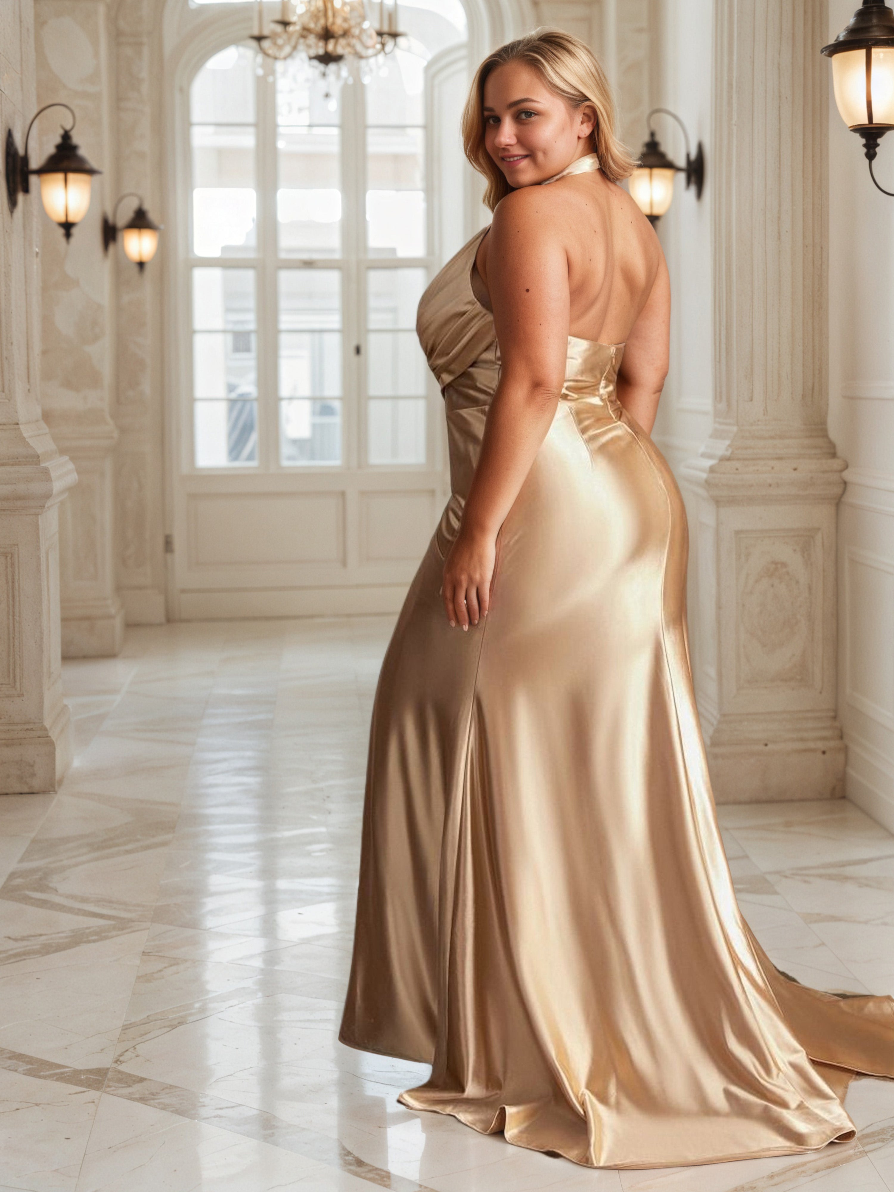 Robe de Bal en Satin Doux Champagne à Encolure V Halter avec Plissés Grande Taille Coupe Sheath et Fente Haute
