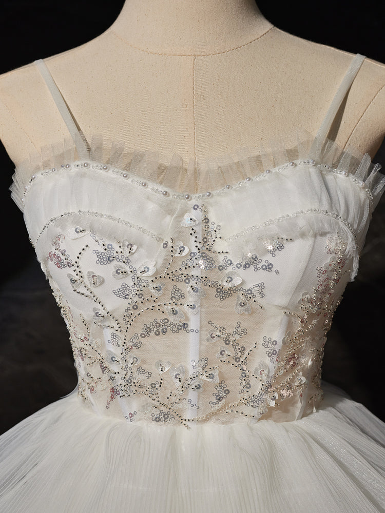 Robe de Mariée Ivoire Hautes et Basses en Tulle à Bretelles Spaghetti