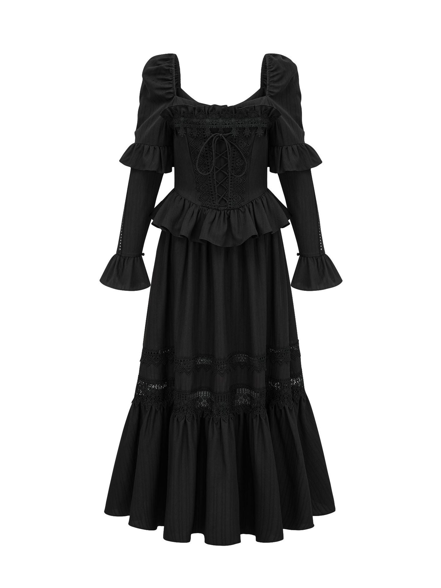 Robe Longue Trapèze Col Carré Manches Longues Robe de Soirée en Noir