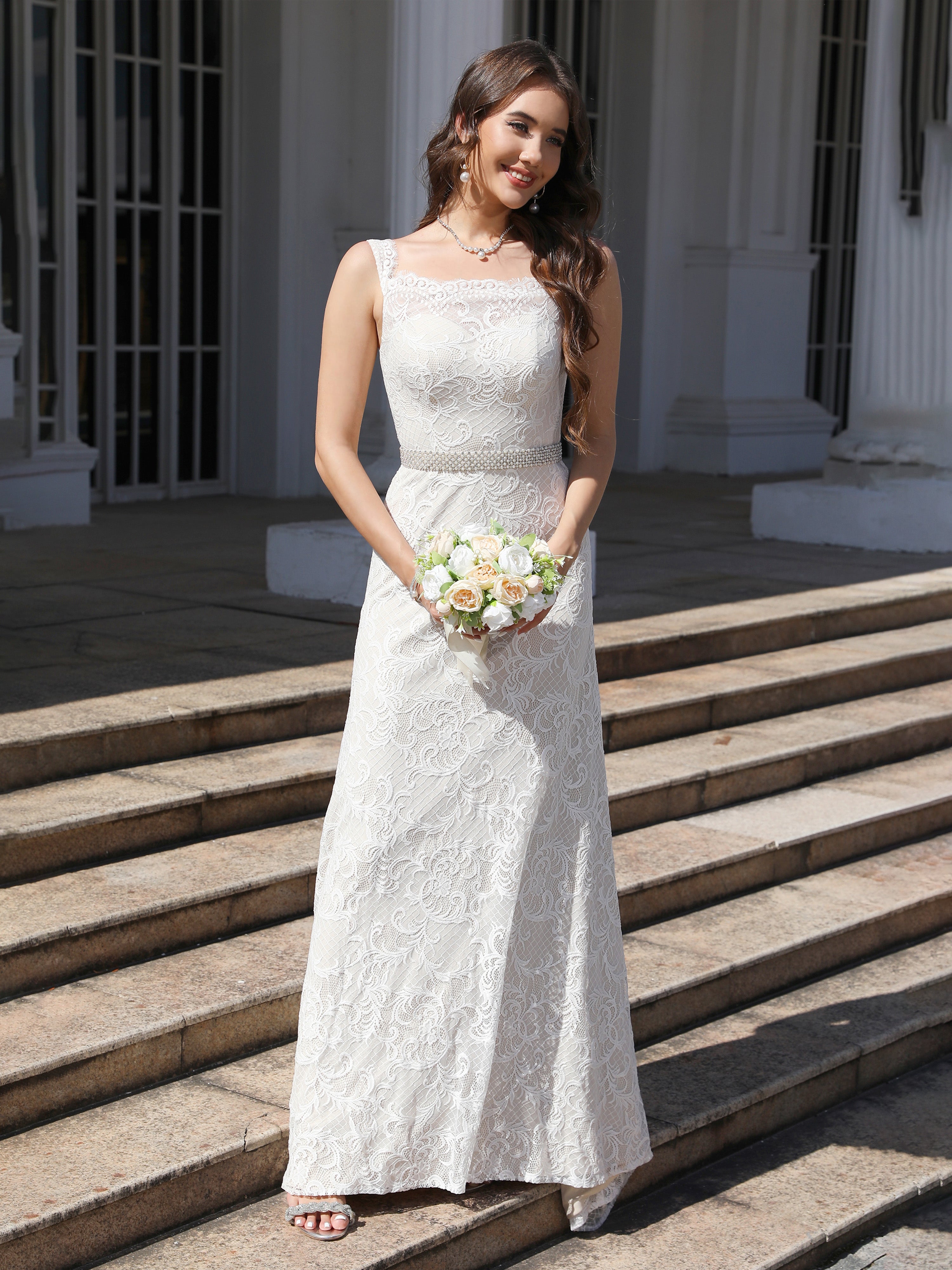 Col Bénitier Dentelle Trapèze Robe de Mariage