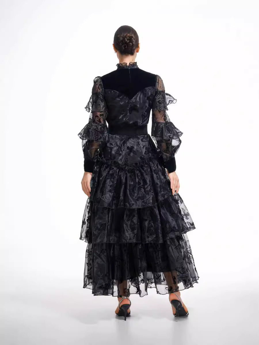 Robe Longue Trapèze Col Roulé Mi-Haut Manches Longues Robe de Soirée en Noir