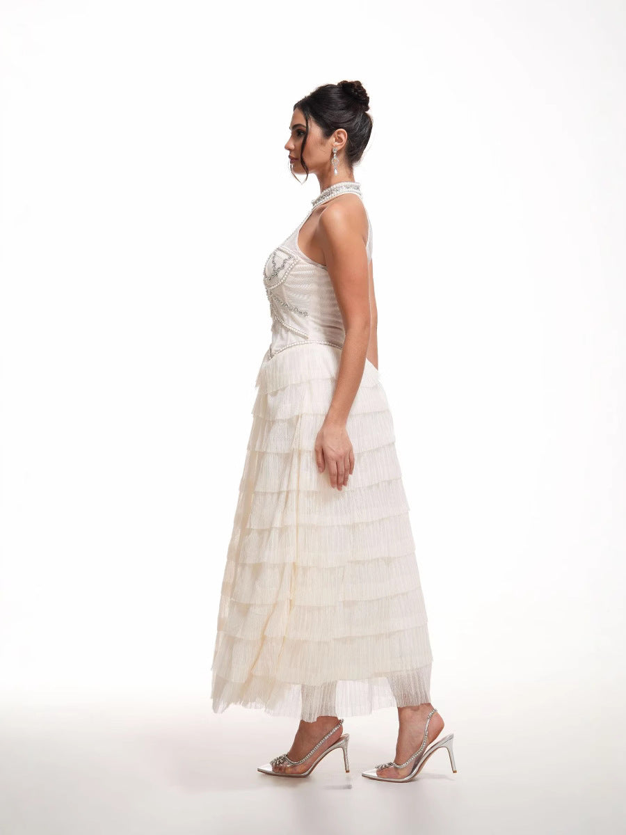 Robe Licou Trapèze Sans Manches Robe de Soirée en Abricot