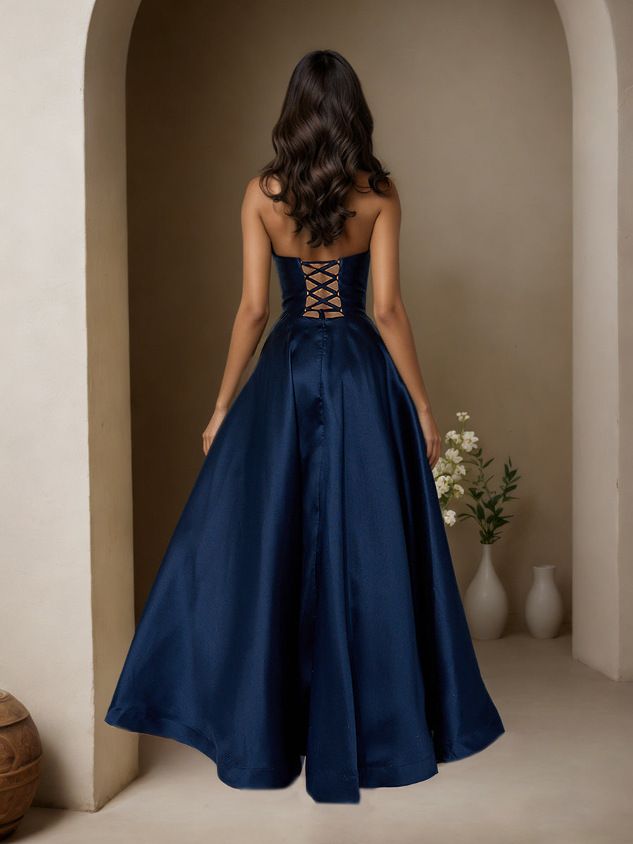 Cicinia Bleu Marine Robe de Soirée Longue en Satin A-Line Longueur Sol sans Bretelles Chic