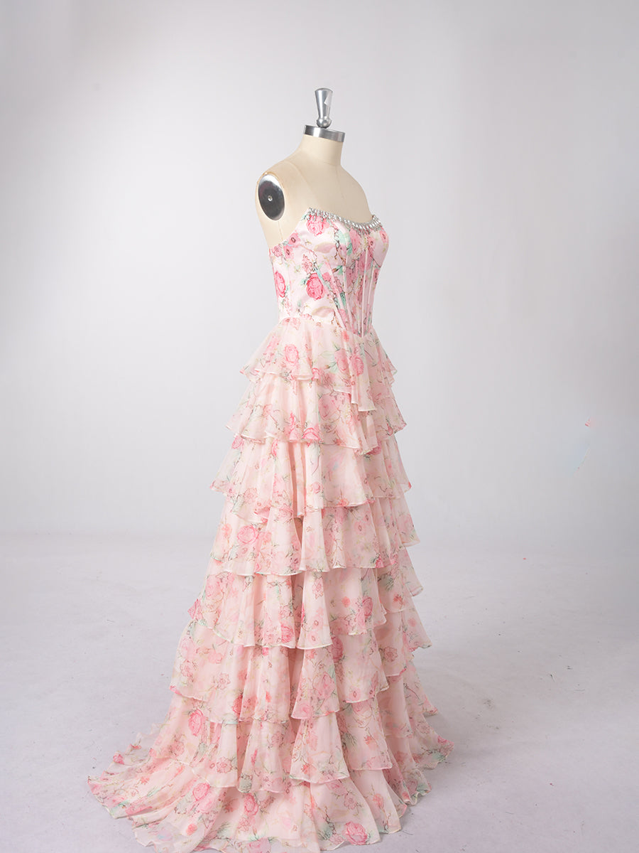 Cicinia ROSE PALE Robe de Soirée Longue en Tissu Imprimé A-Line sans Manches Fente à Volants