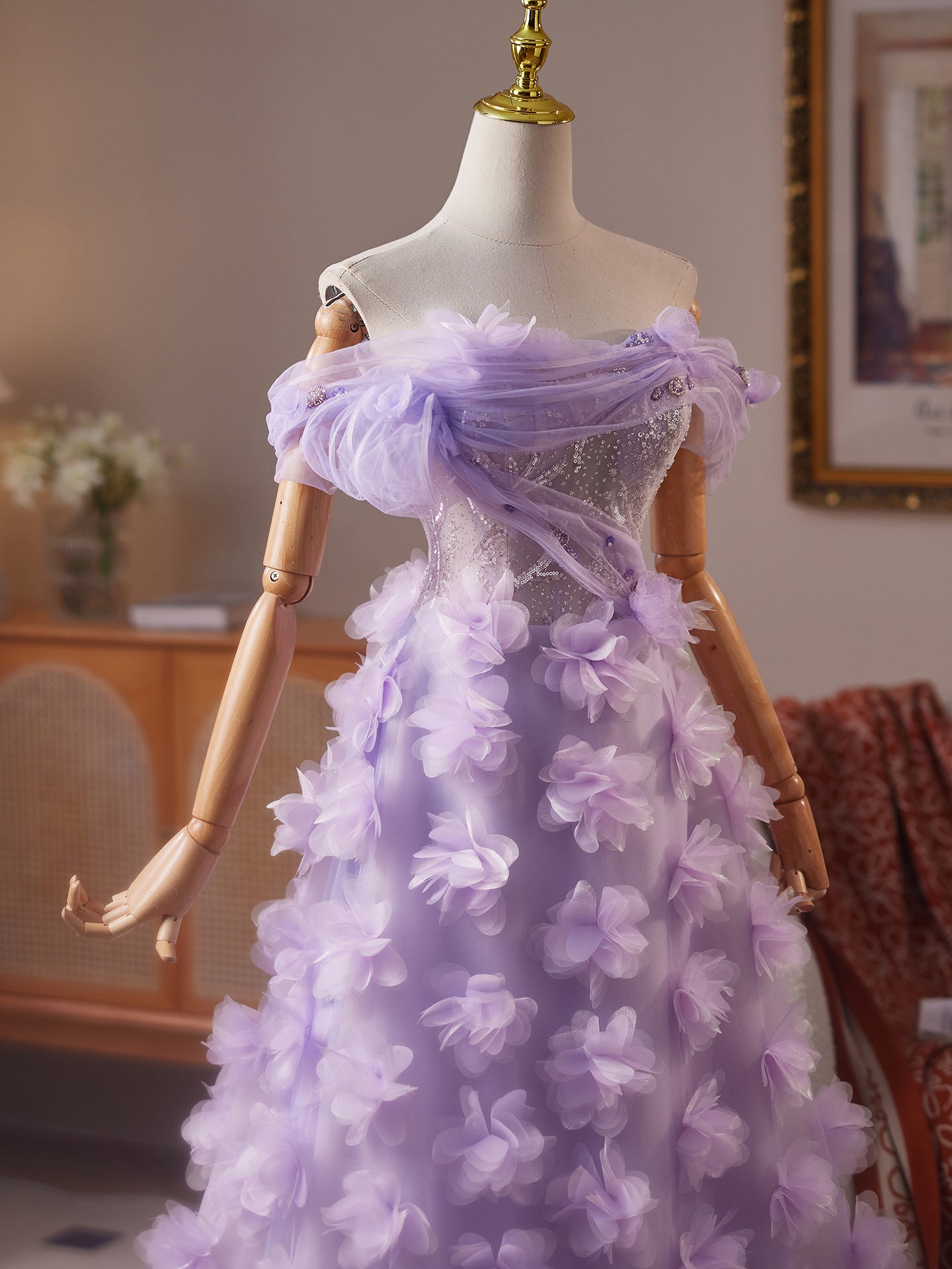 Nouvelle Arrivée Robe de Bal Lilas en Tulle Broderie de Perles et Appliqués Fleurs Longue