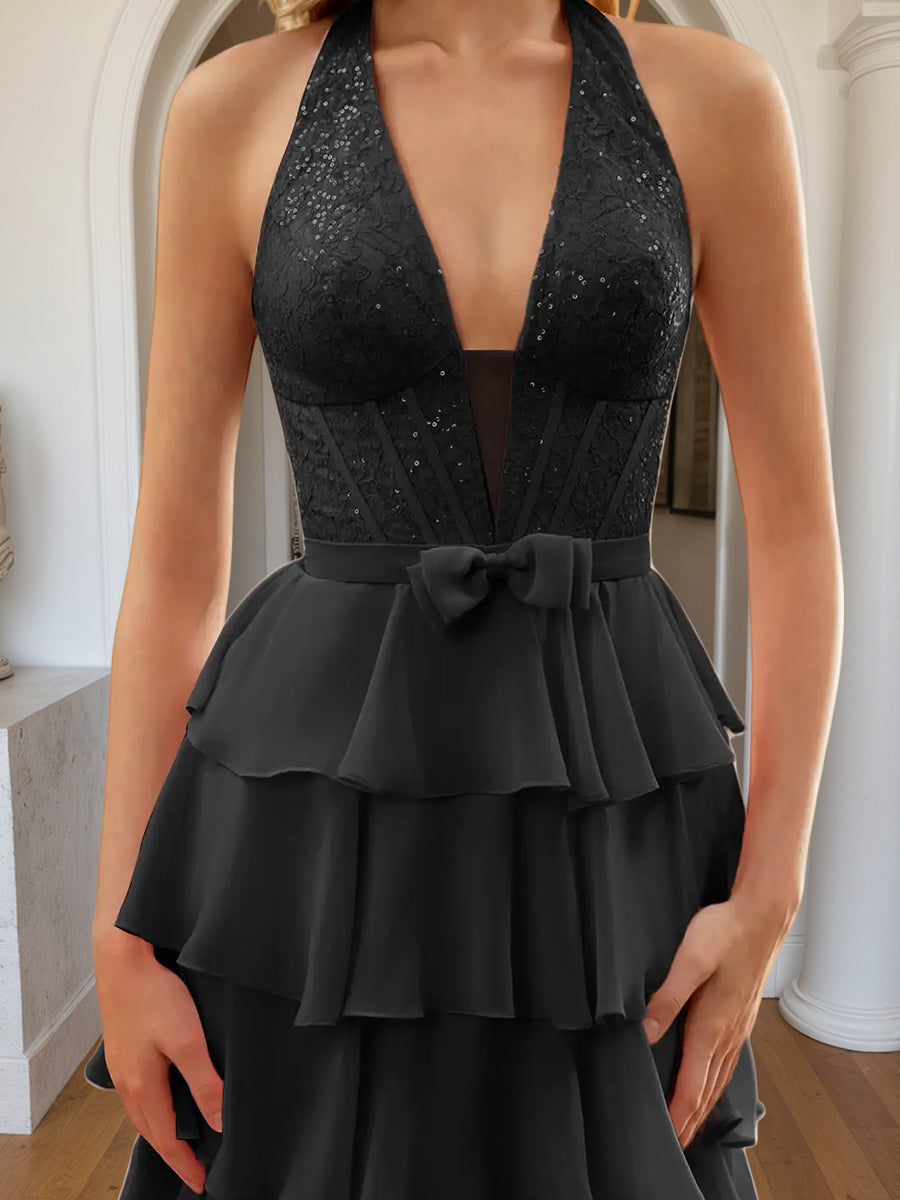 Cicinia Noir Robe de Soirée Longue A-Line en Mousseline Halter Dos Nud à Volants