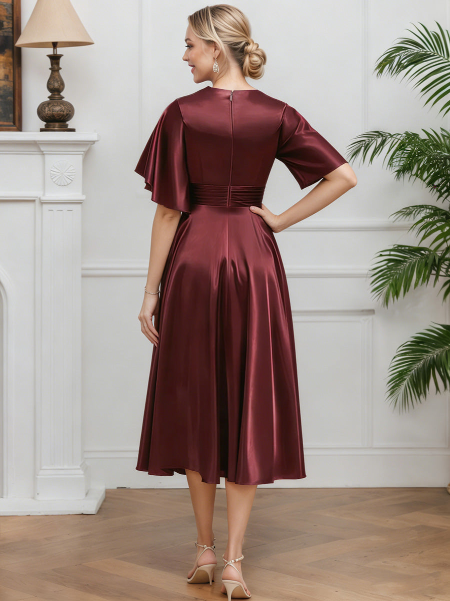 Cicinia Cabernet Robe pour Mère de la Mariée Longue en Satin Doux Décolleté en V A-Line Longueur Midi (Thé)
