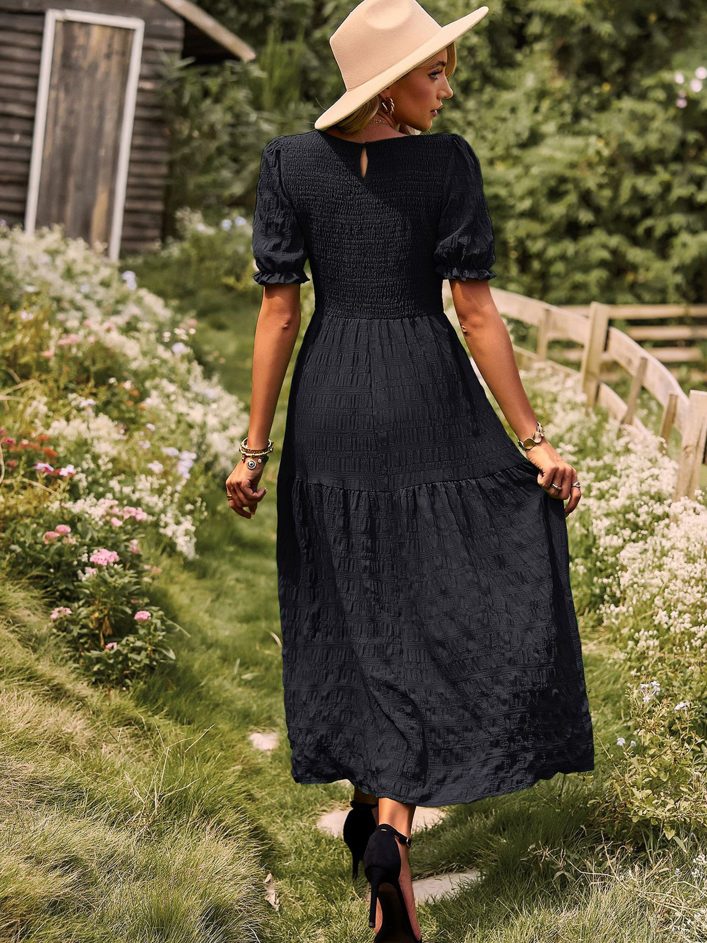 Robe Longue Trapèze Col Rond Manches Courtes à Volants Robe Invitée de Mariage en Noir