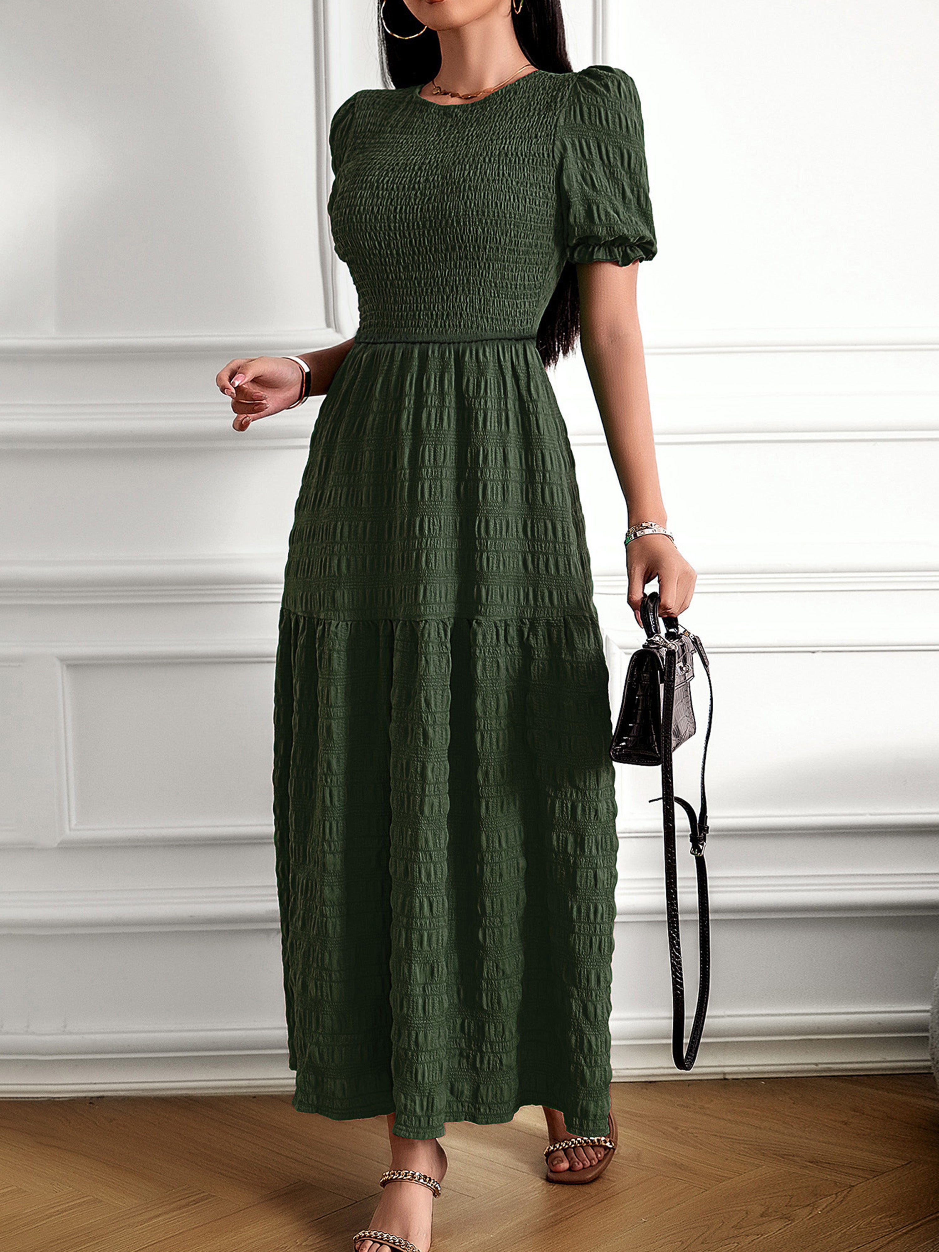 Robe Longue Trapèze Col Rond Manches Courtes à Volants Robe Invitée de Mariage en Mousse