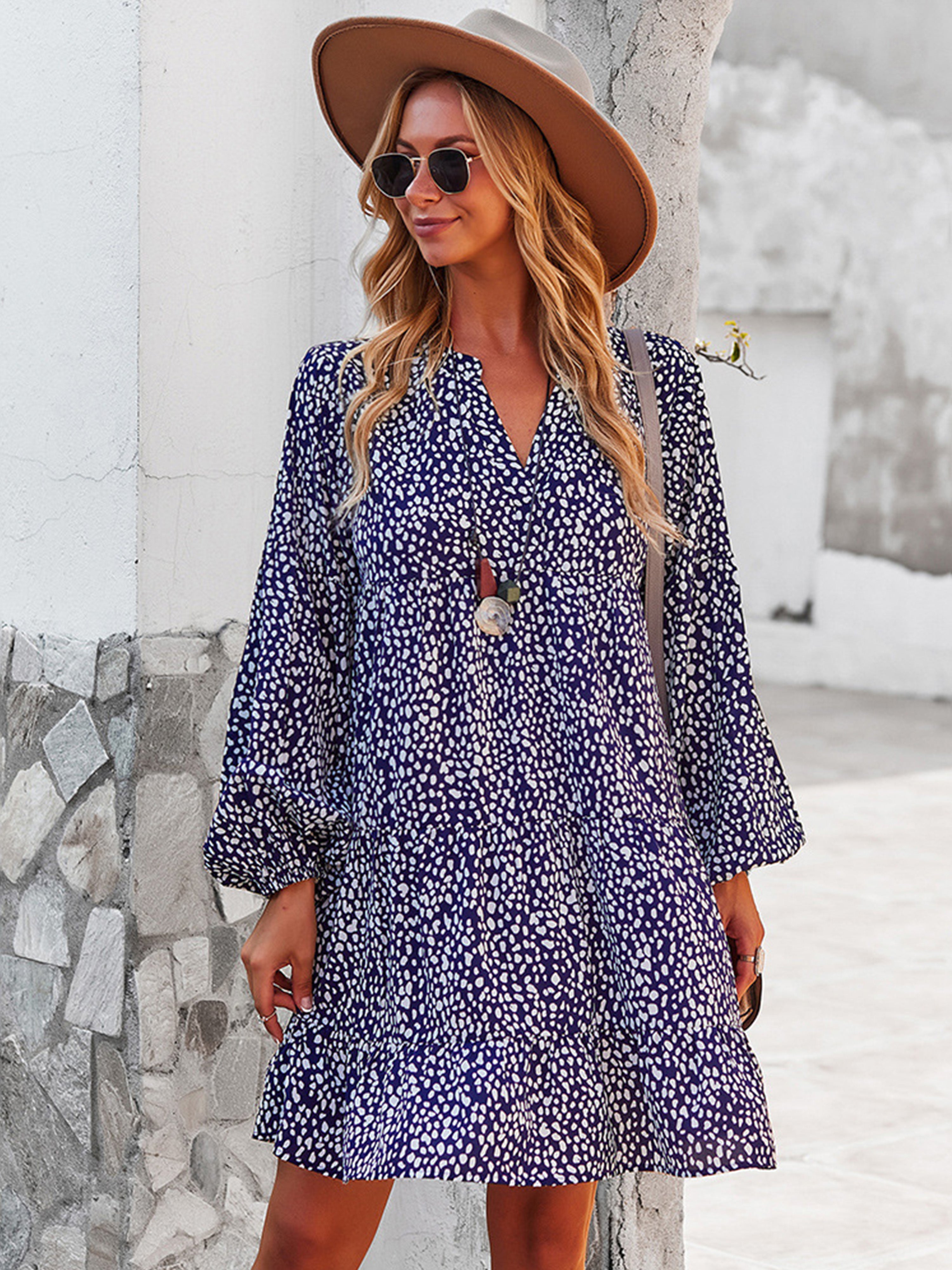 Robe Trapèze Col V Manches Longues Robe Invitée de Mariage en Bleu Marine