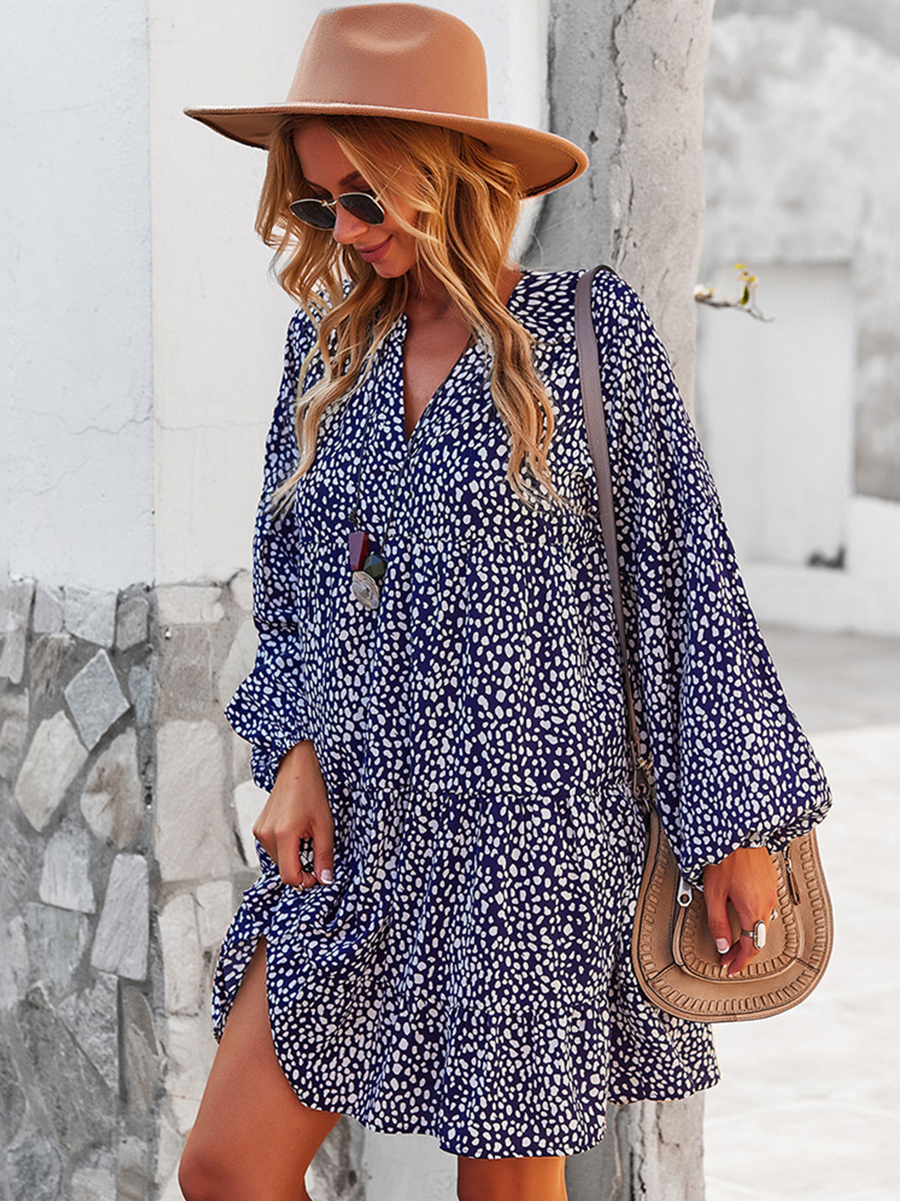 Robe Trapèze Col V Manches Longues Robe Invitée de Mariage en Bleu Marine