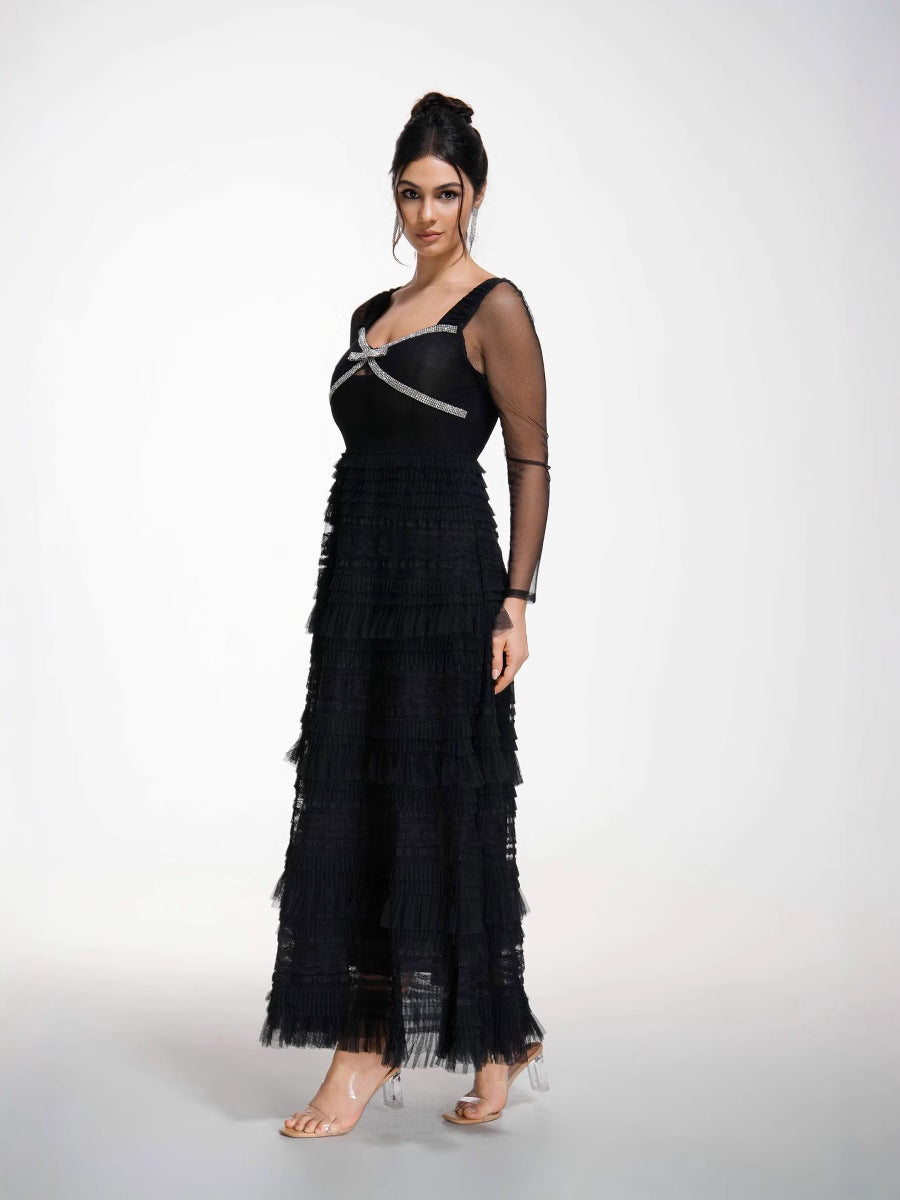 Robe Longue Trapèze Col en Cuillère Manches Longues Robe de Soirée en Noir