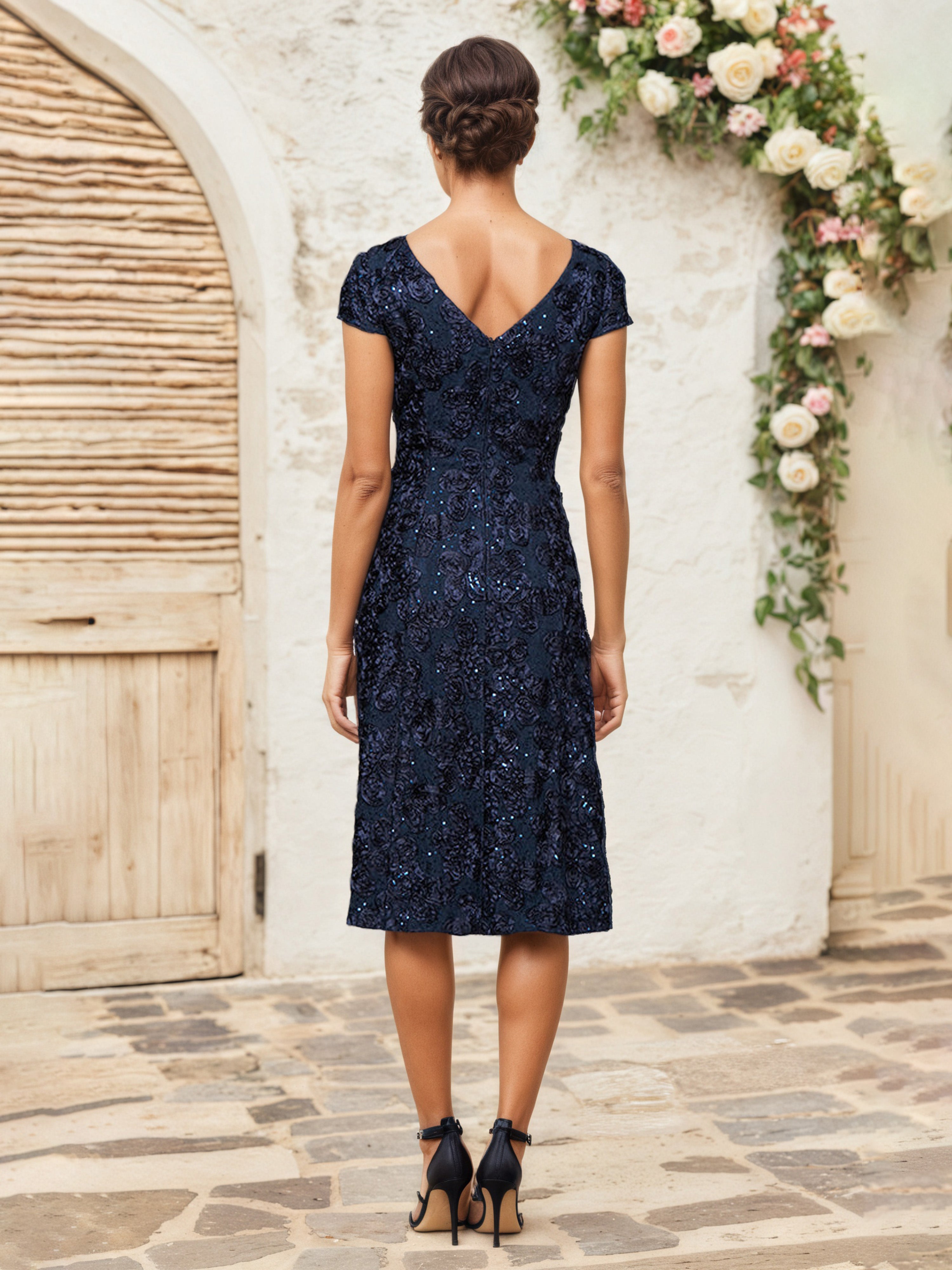 Robe Mere De La Mariee BLEU MARINE Trapèze Col Rond Manches courte