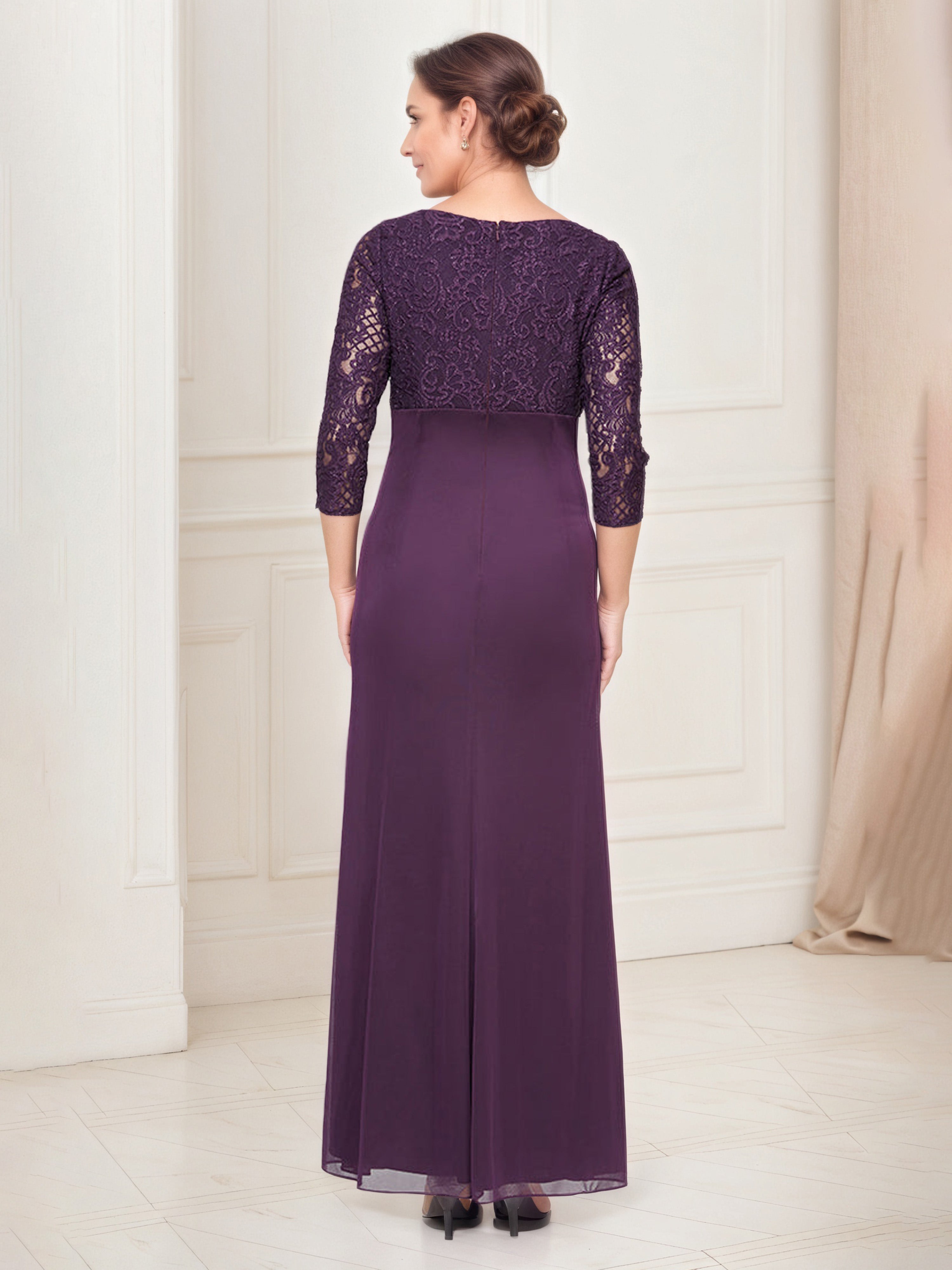 Robe Mere dela Mariee Aubergine Col V Illusion Robe Mousseline et Dentelle Manches 3/4