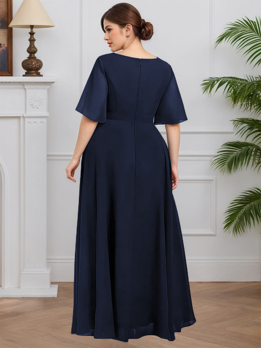 Cicinia Bleu Marine Foncé Robe pour Mère de la Mariée Longue en Mousseline A-Line Décolleté en V Manches Demi-longues Grande Taille