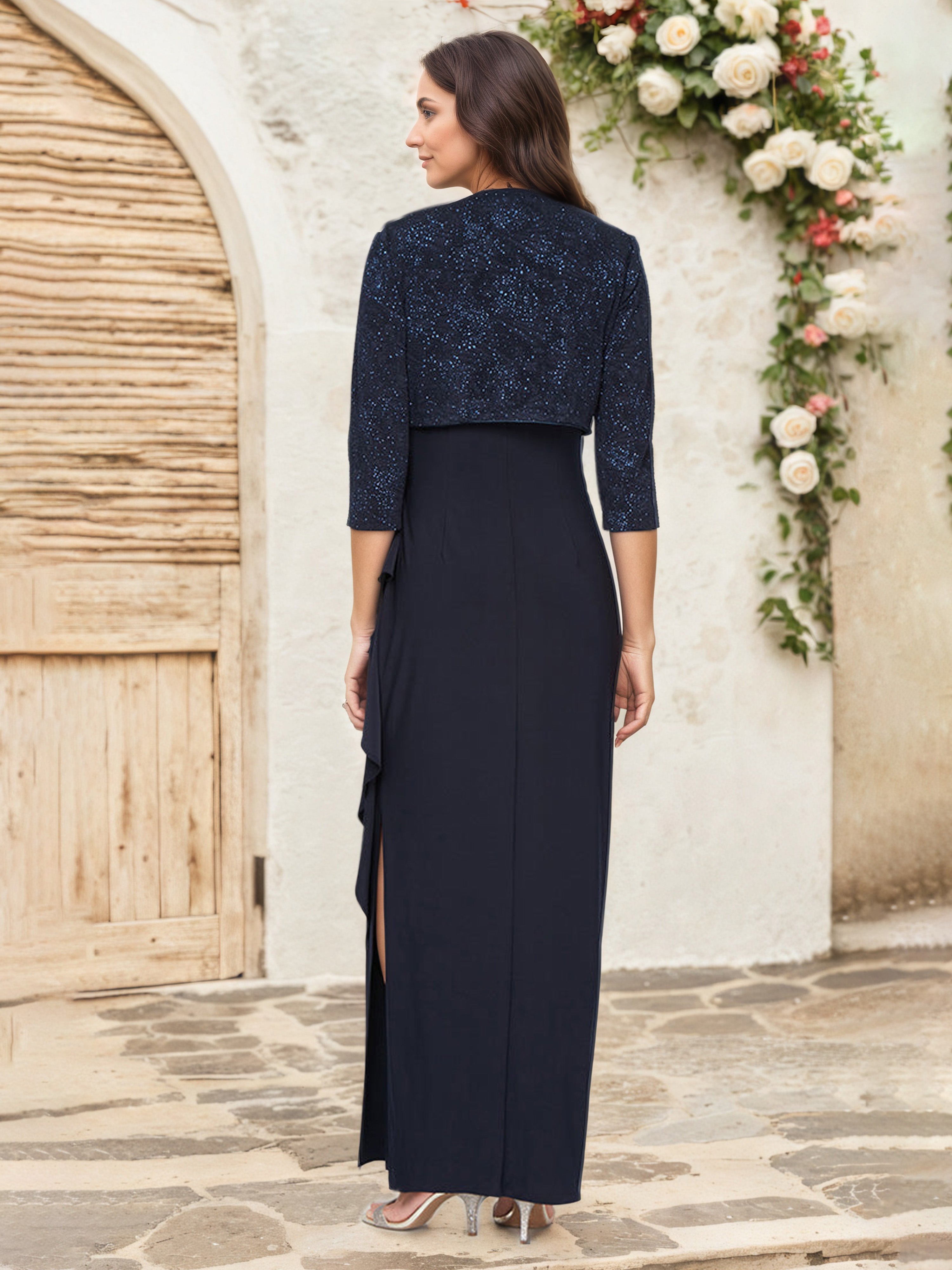 Tenue Mere Dela Mariee BLEU MARINE Mousseline Fourreau/Colonne Col en Cuillère Manches 3/4