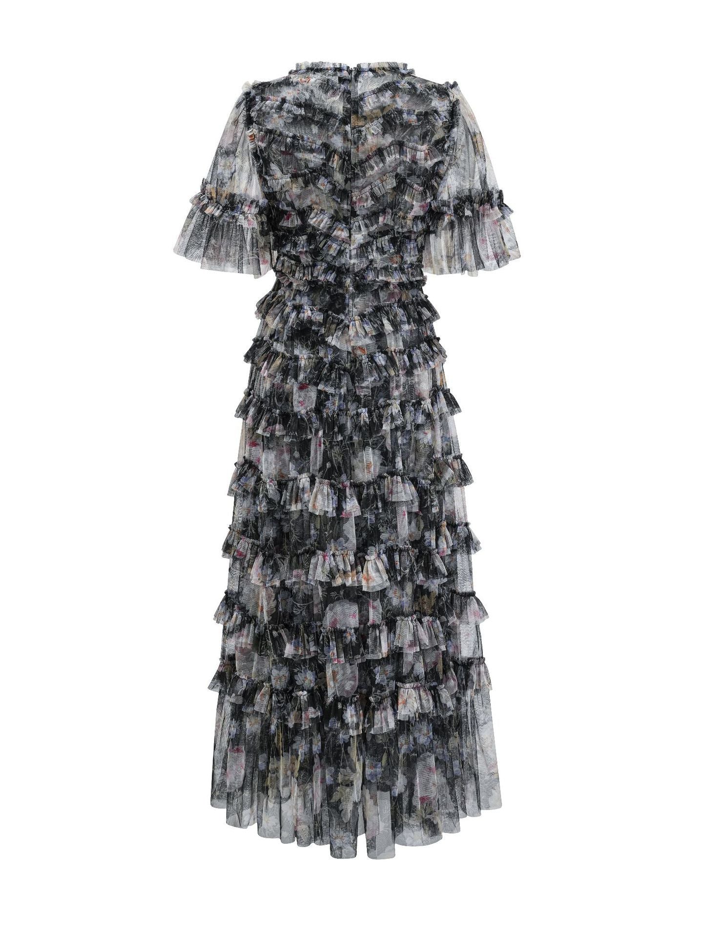 Robe Trapèze Col Rond à Volants Manches Courtes Robe de Soirée en Noir