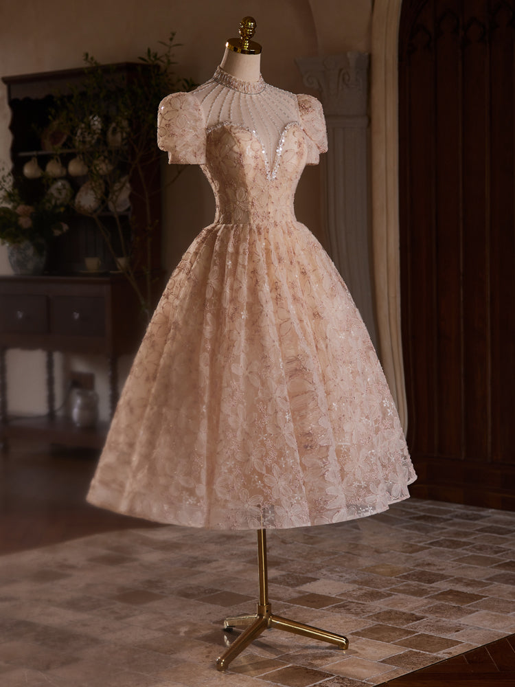 Robe de bal Mi-longue à manches courtes avec Perles