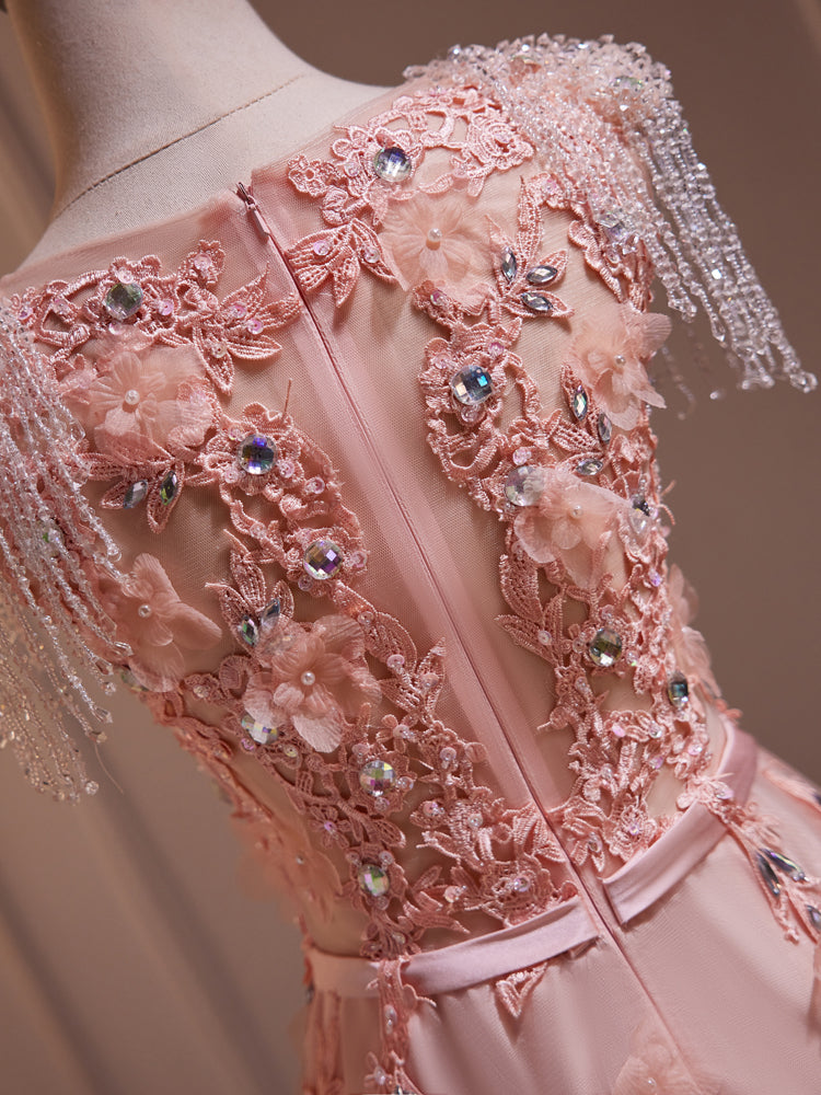 Robe de Soirée en Tulle Col V Rose avec Appliques et Strass