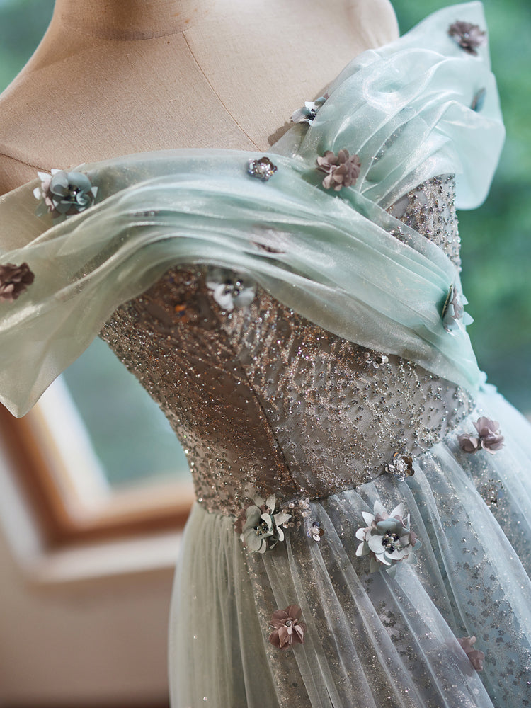 Trapèzes Robe de Soirée Col Cœur en Tulle Épaules Dénudées avec Balayage et Appliques de Fleurs