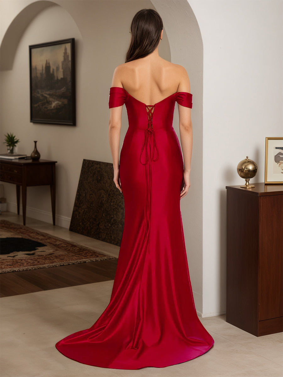 Cicinia Rouge Robe de Soirée Longue Fourreau Perlé Épaules Dénudées Dos Nud