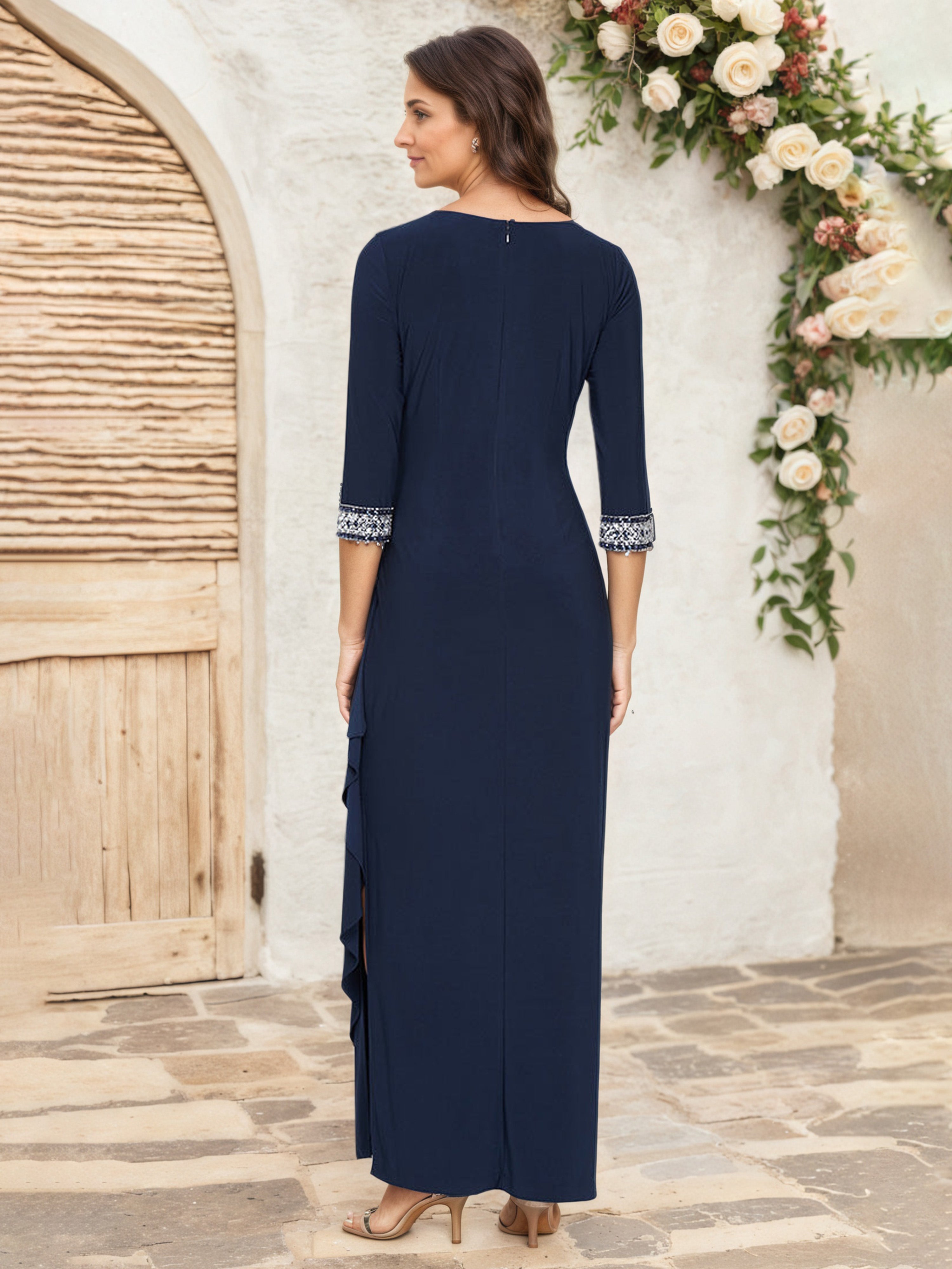 Robe Mère de la Mariée BLEU MARINE Fourreau/Colonne Robe à Col ras du cou Manches 3/4