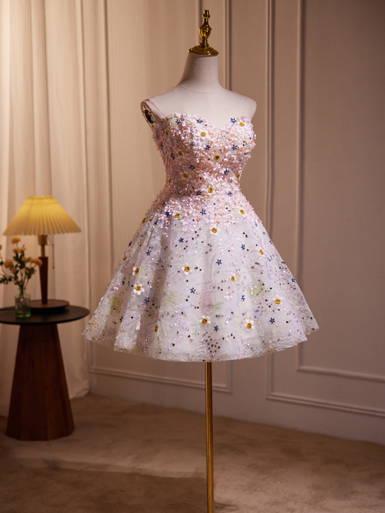 Robe de bal en Tulle Col Cœur sans Manches avec Fleurs et Paillettes