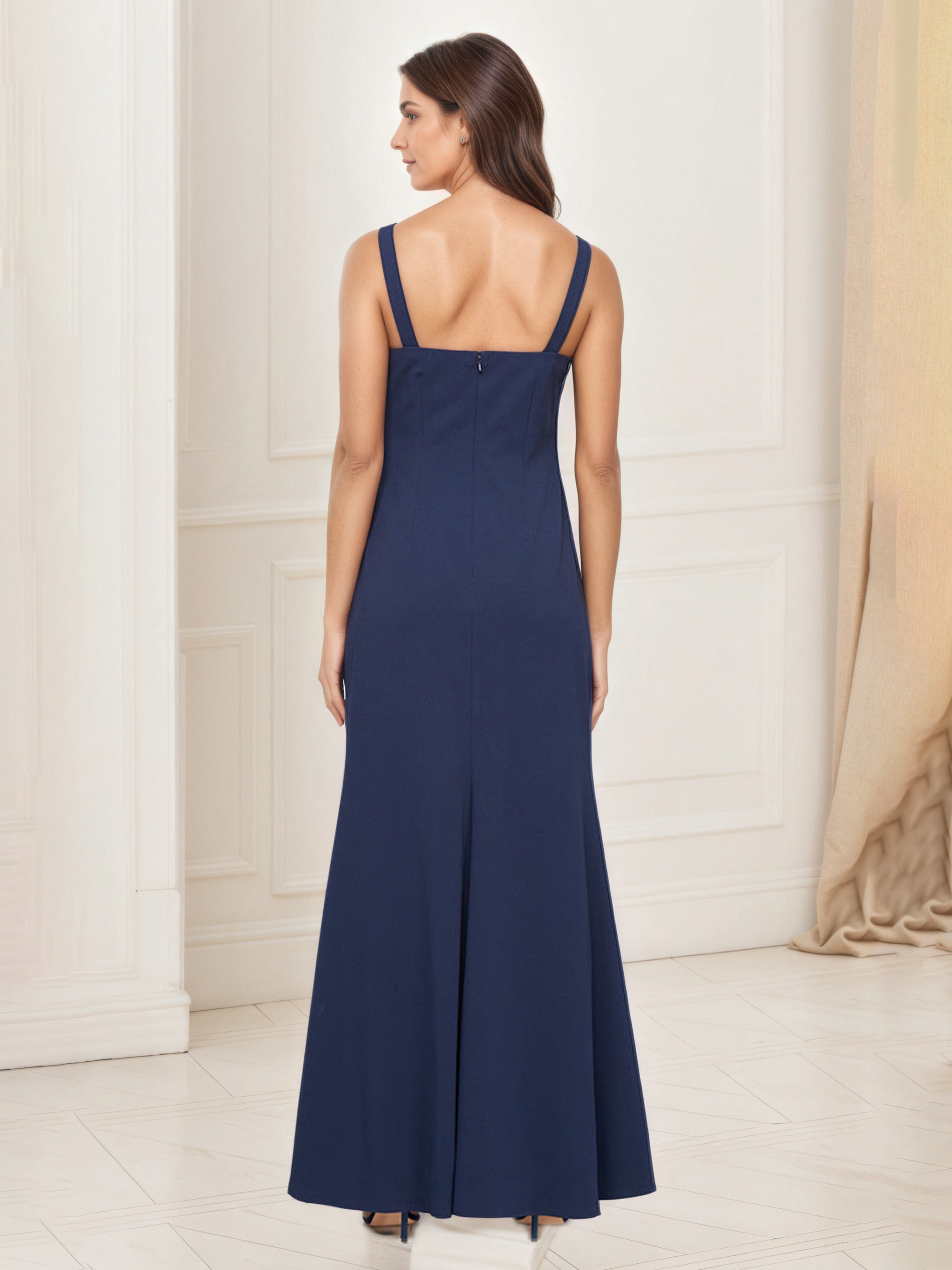 Robe Mère de la Mariée BLEU_MARINE Fourreau/Colonne Col Carré en Fleur 2 Pièce Avec Veste