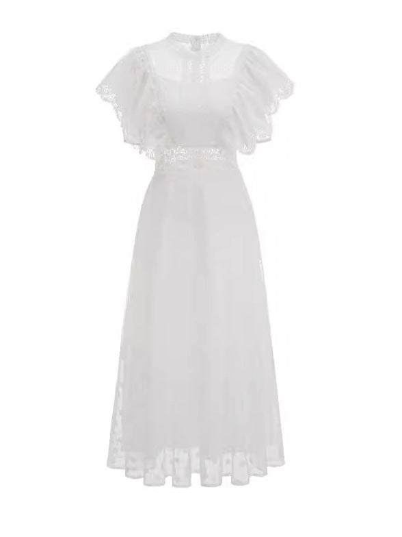 Robe Longue Trapèze Col Rond Manches Courtes Robe de Soirée en Blanc