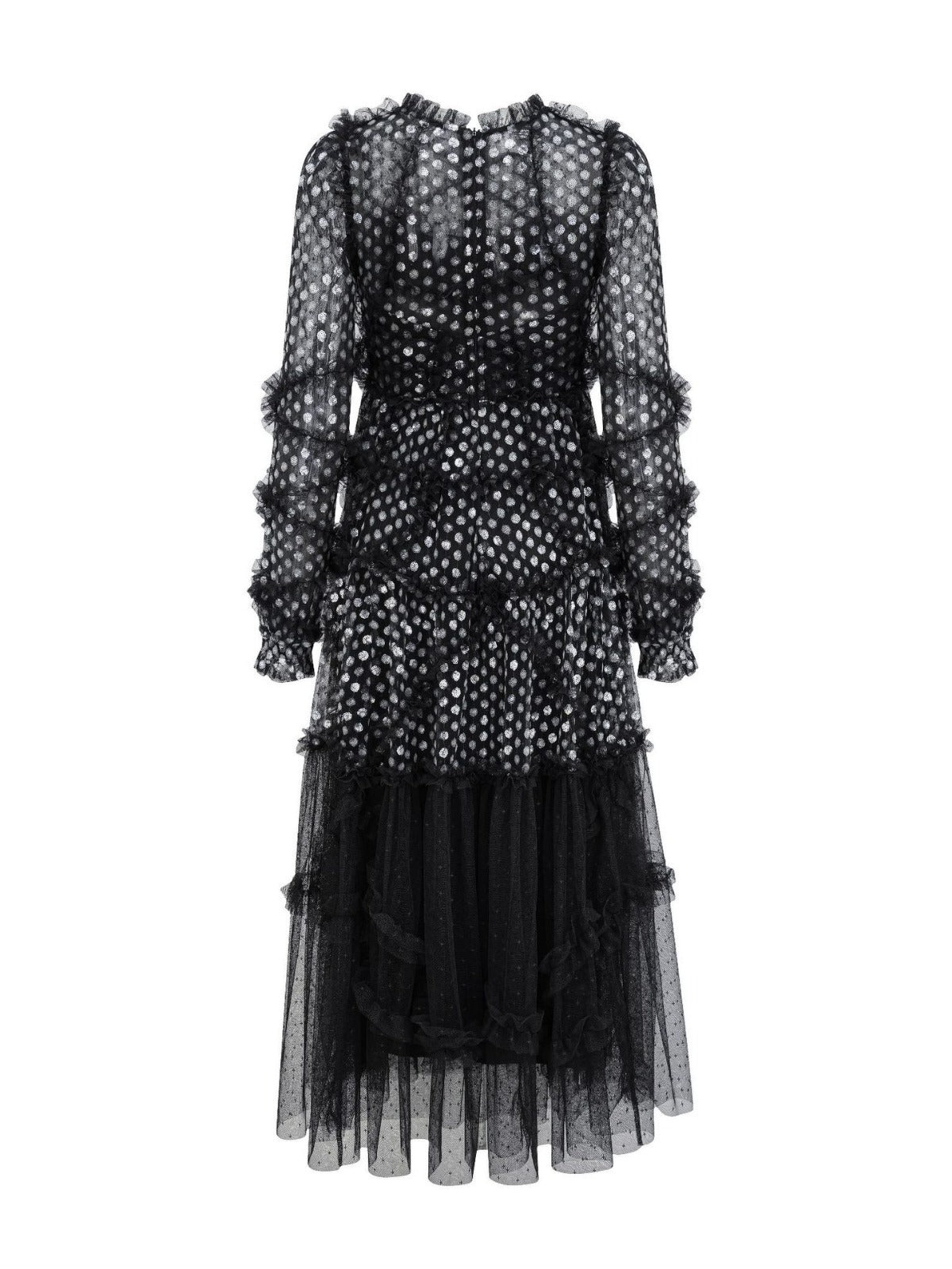 Robe Trapèze Paillettes Col Rond Manches Longues Robe de Soirée en Noir