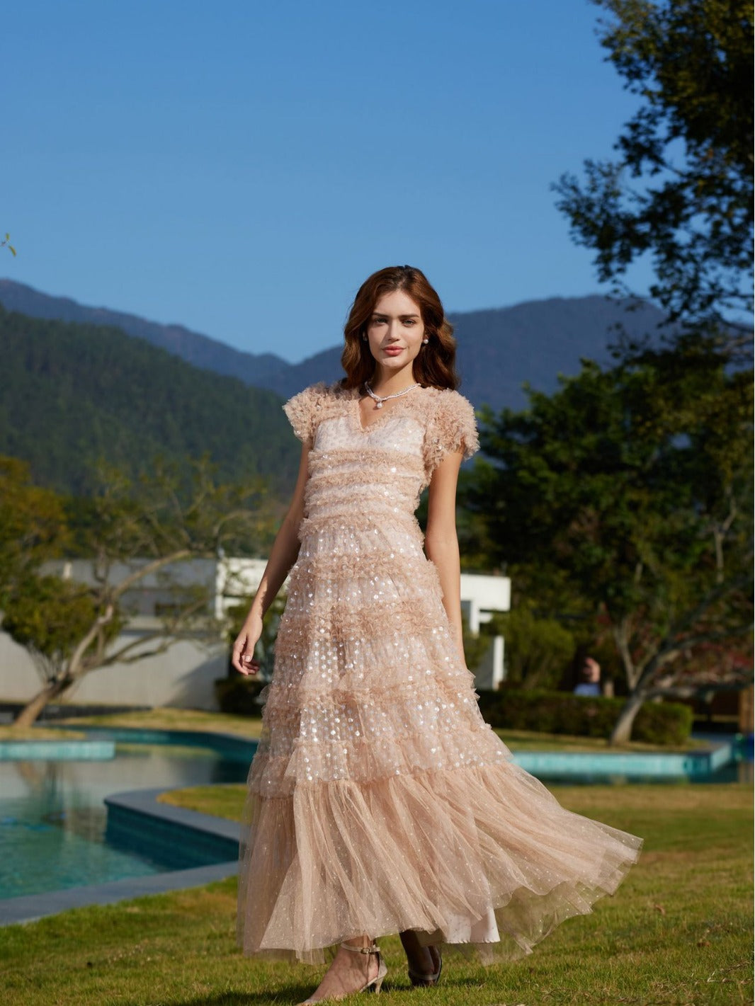 Robe Paillettes Trapèze Col V Manches Courtes Robe de Soirée en Rose