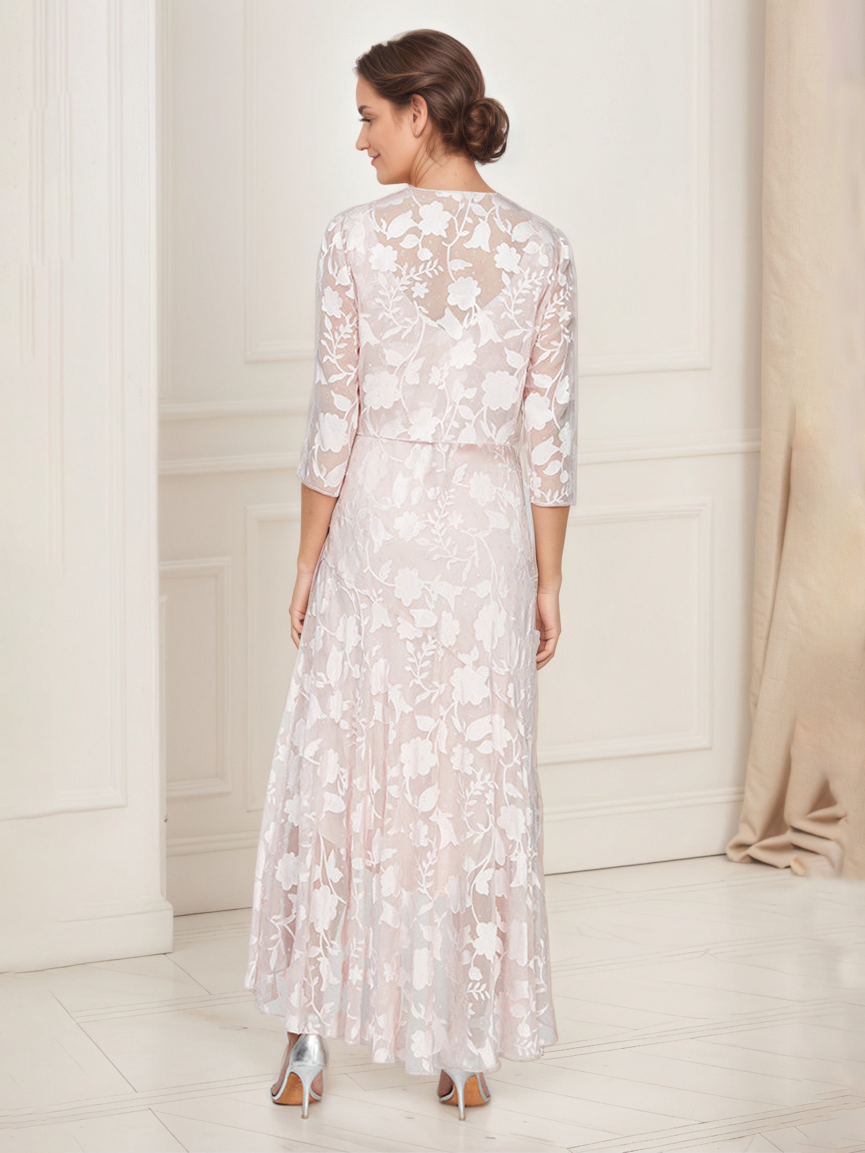 Tenue Mère De la Mariée Très Chic ROSE_PERLE Robe Ensemble Asymétrique en Forme de Tulipe Avec Manches 3/4 Veste
