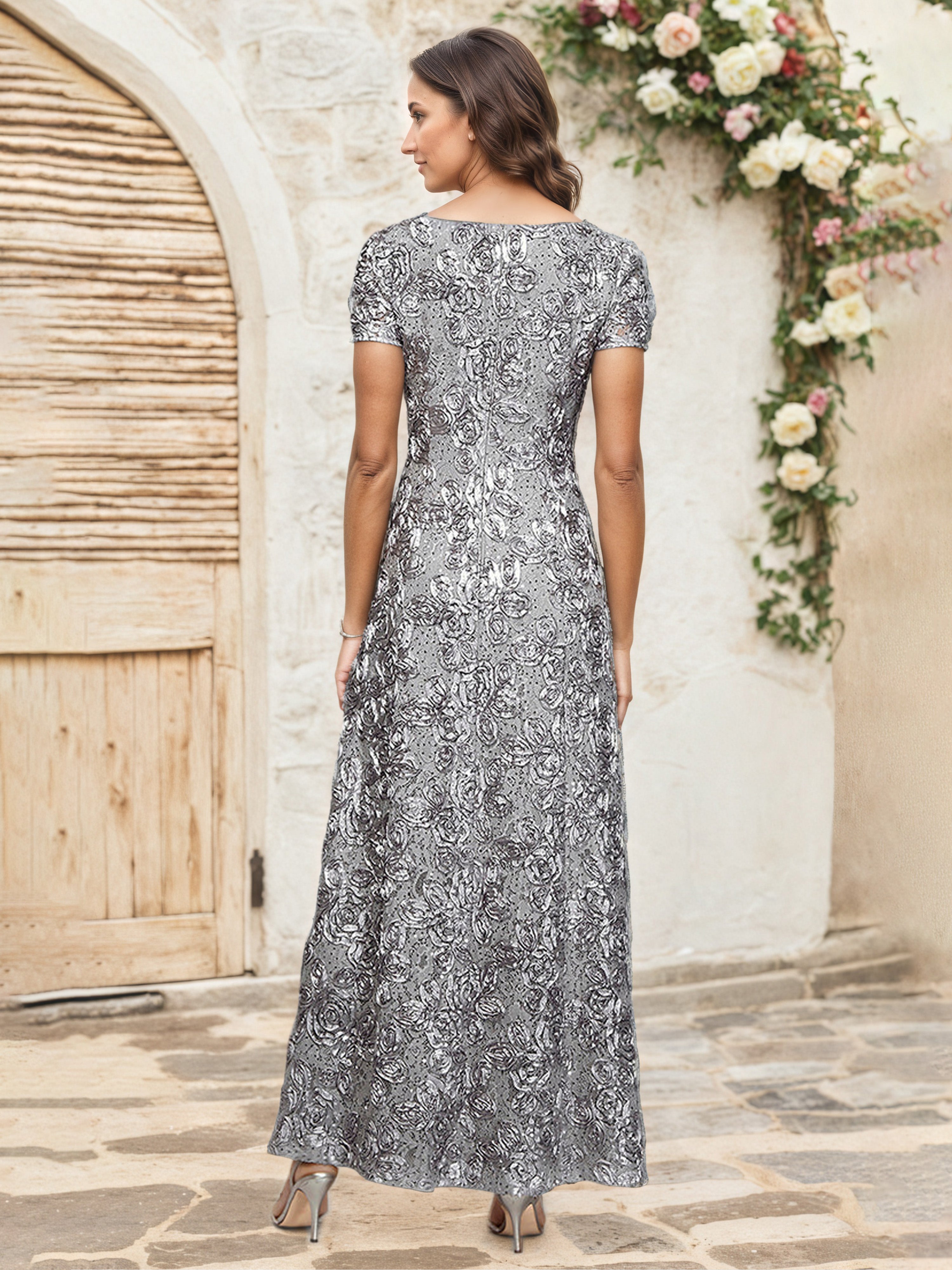 Robe Cérémonie Mariage Mère Du Marié ARGENT Paillettes Florales Fourreau/Colonne Robe Mère de la Mariée