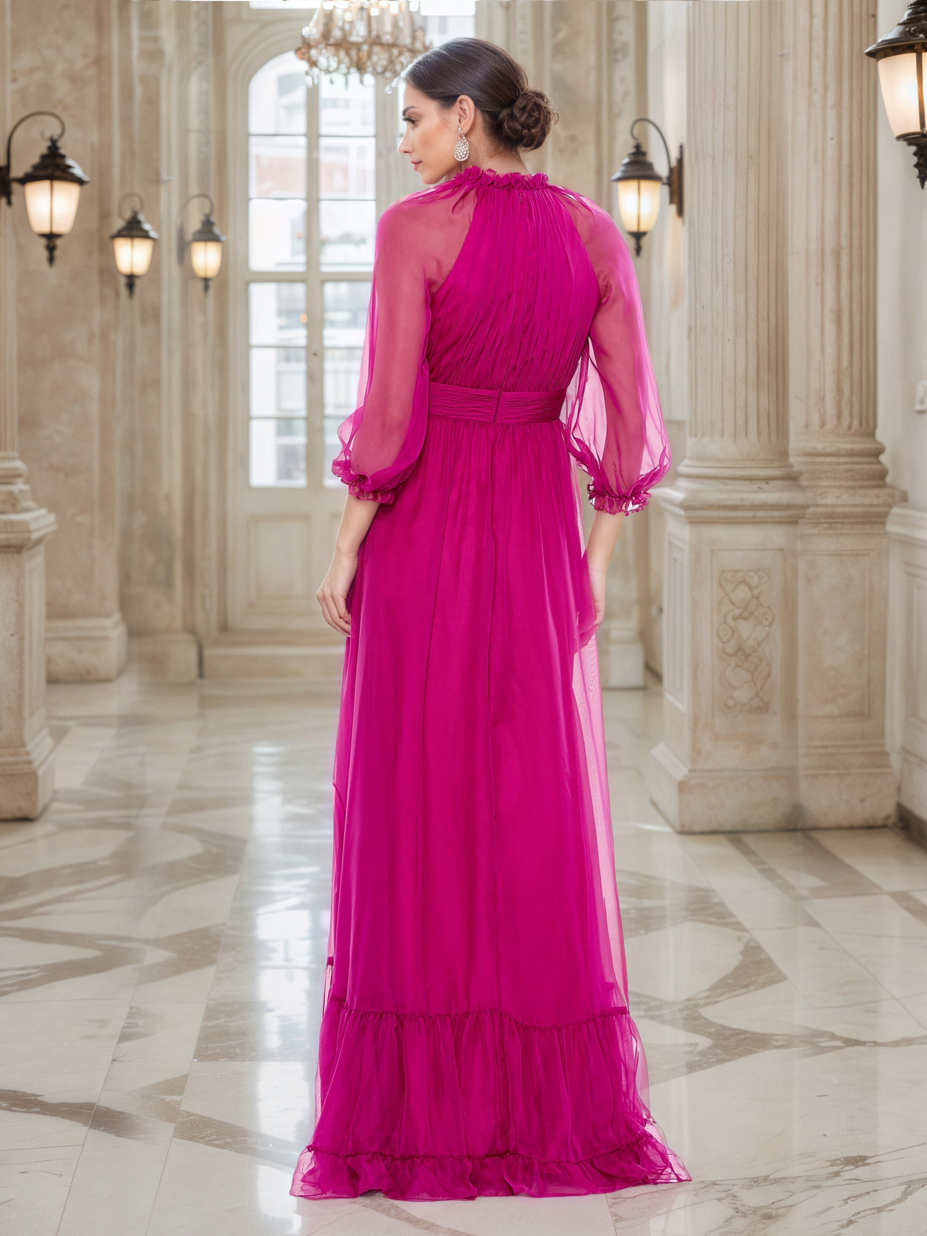 Elégante Robe de Soirée Fuchsia Col Rond Mousseline Trapèze à Manches Transparentes